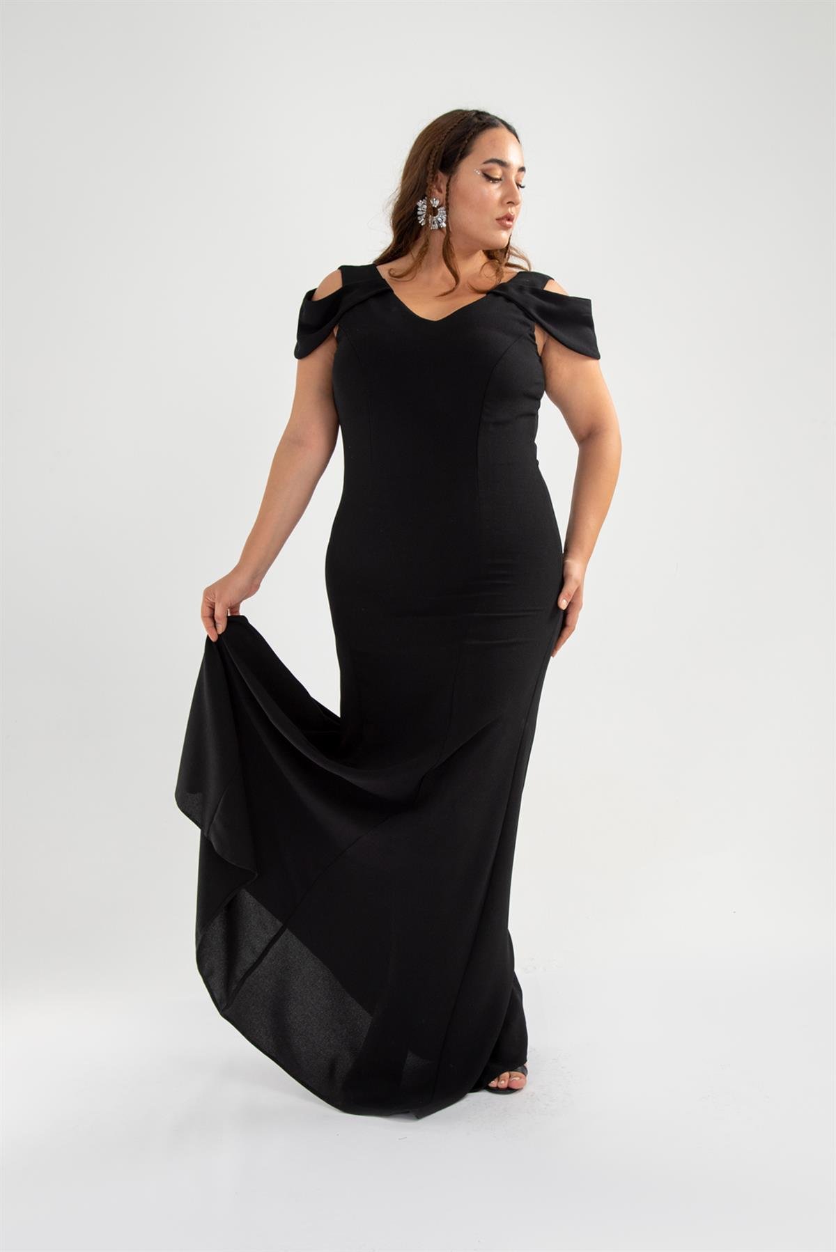 Büyük Beden 142011 Askılı Düşük Omuz Abiye Siyah