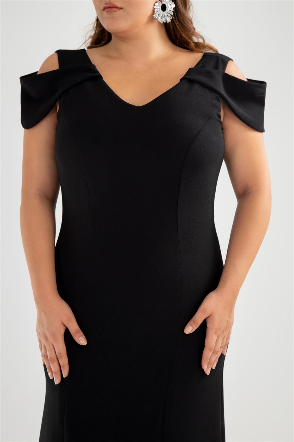 Büyük Beden 142011 Askılı Düşük Omuz Abiye Siyah