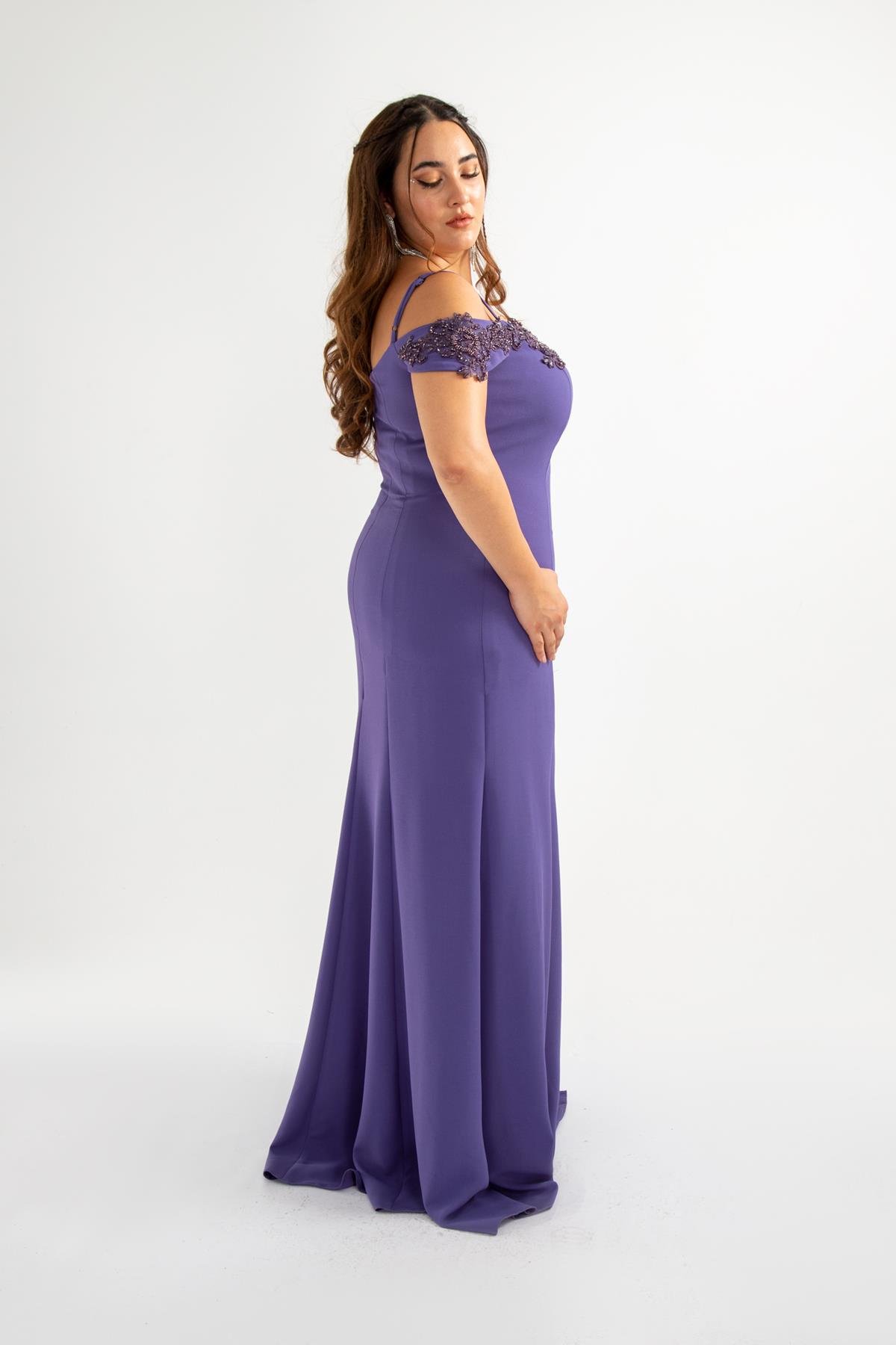 Büyük Beden 142012 Yaka İşlemeli Abiye  Lila