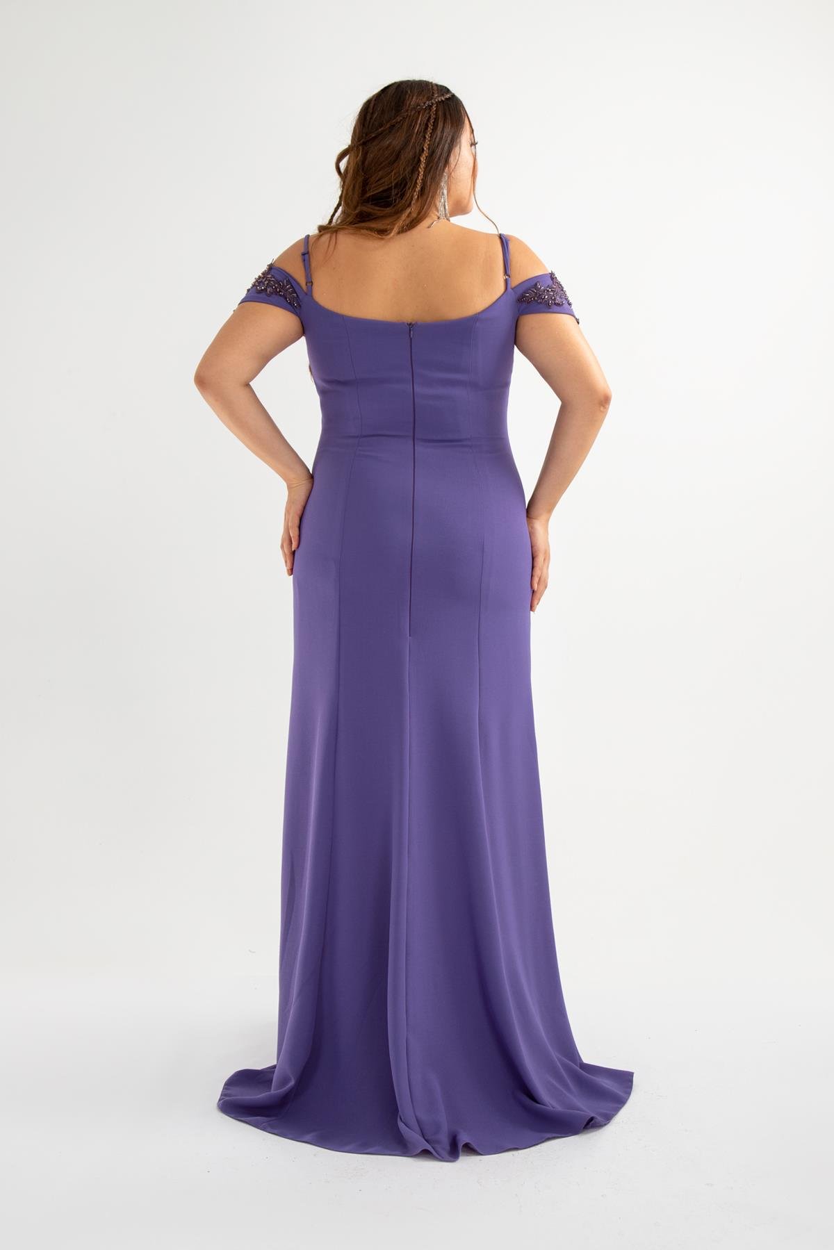 Büyük Beden 142012 Yaka İşlemeli Abiye  Lila