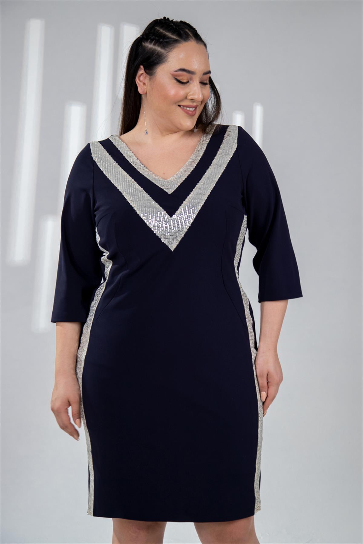 Büyük Beden 142013 Pul Payetli Abiye  Lacivert