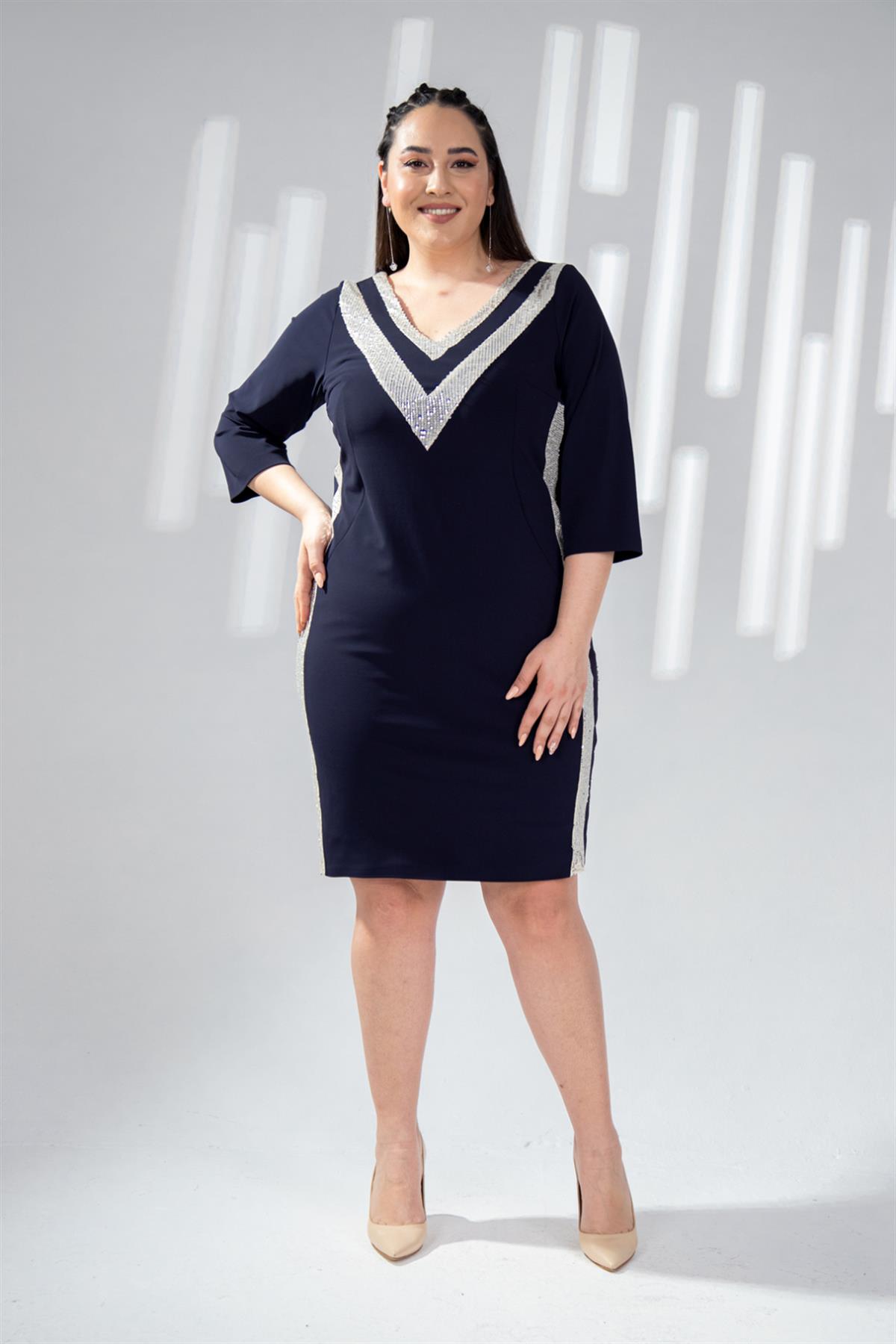 Büyük Beden 142013 Pul Payetli Abiye  Lacivert