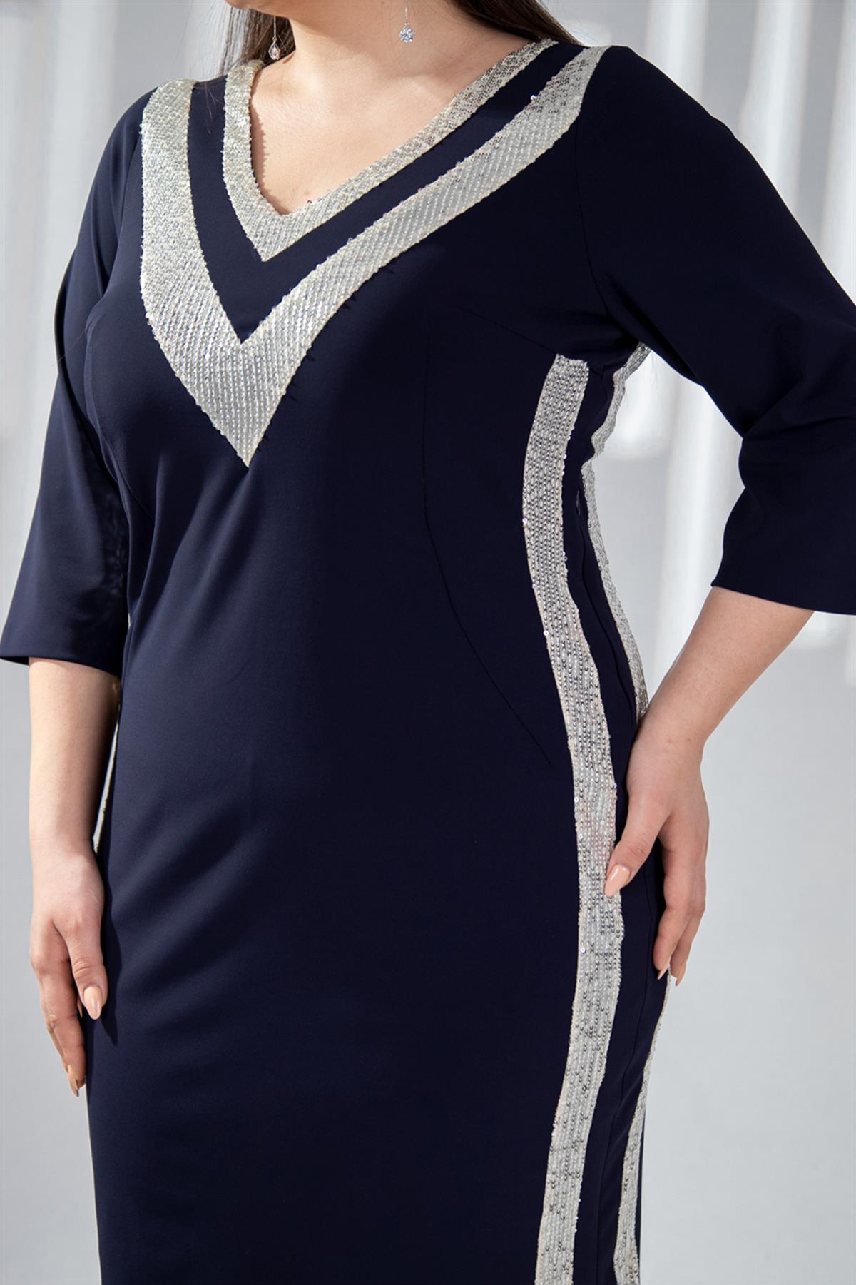 Büyük Beden 142013 Pul Payetli Abiye  Lacivert