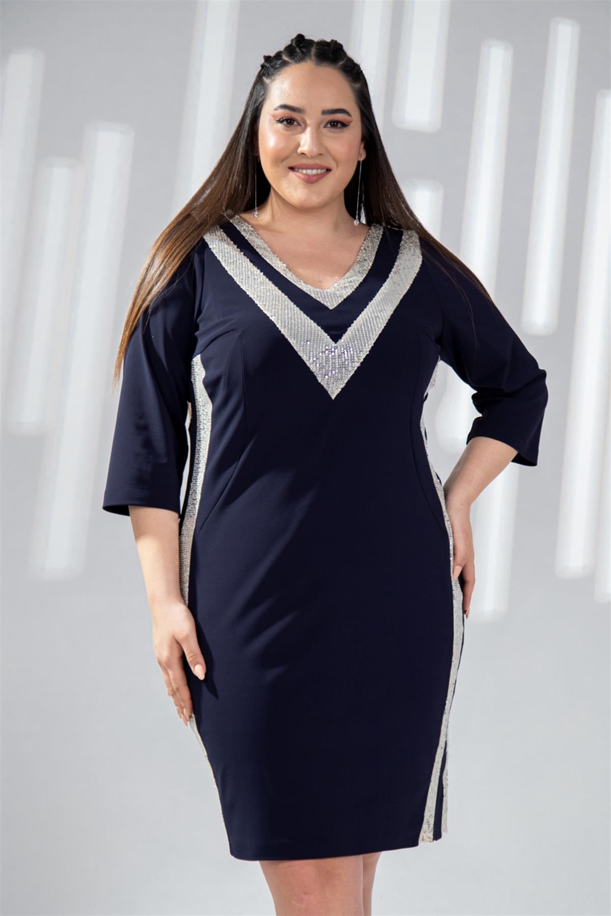 Büyük Beden 142013 Pul Payetli Abiye  Lacivert