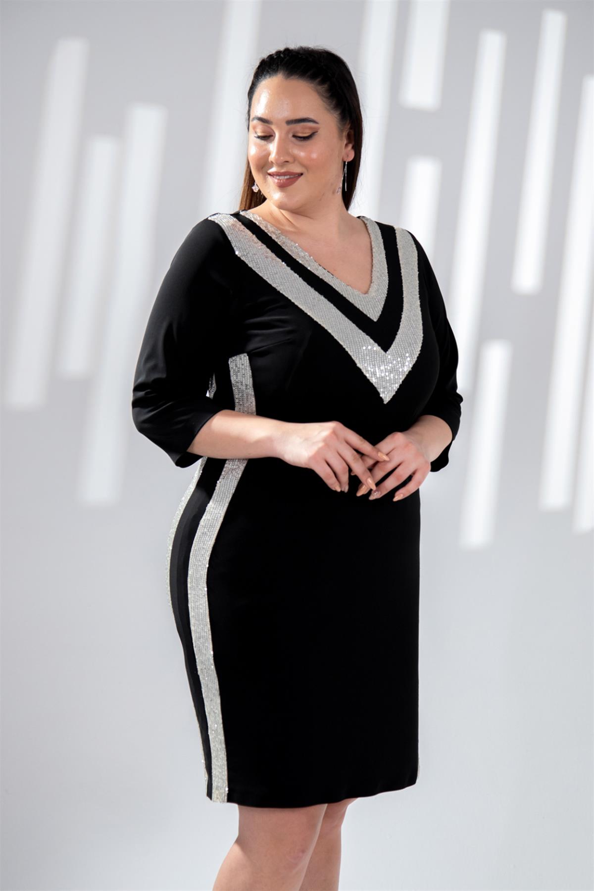 Büyük Beden 142013 Pul Payetli Abiye  Siyah