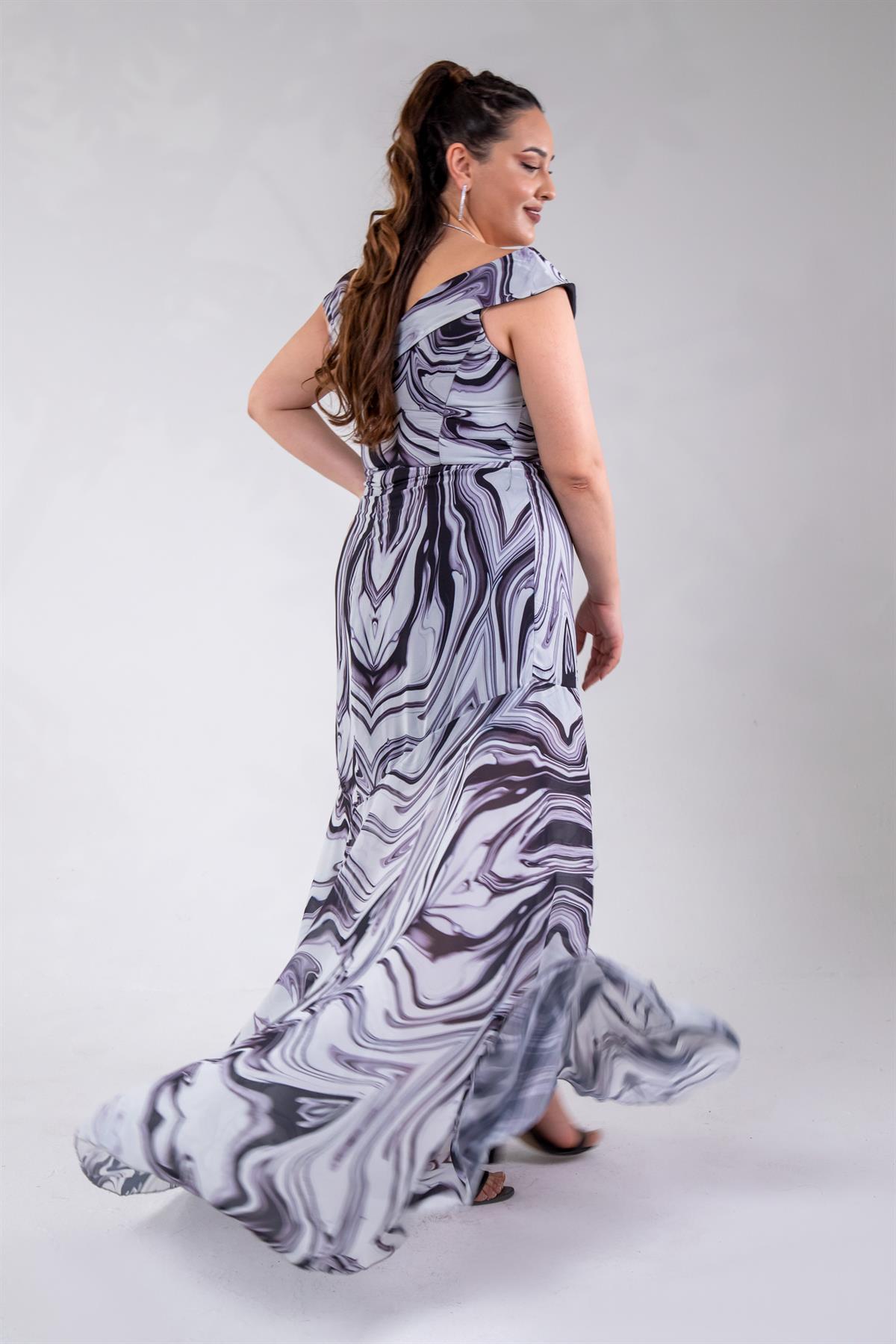 Büyük Beden 142015 Desenli Şifon Abiye Ekru