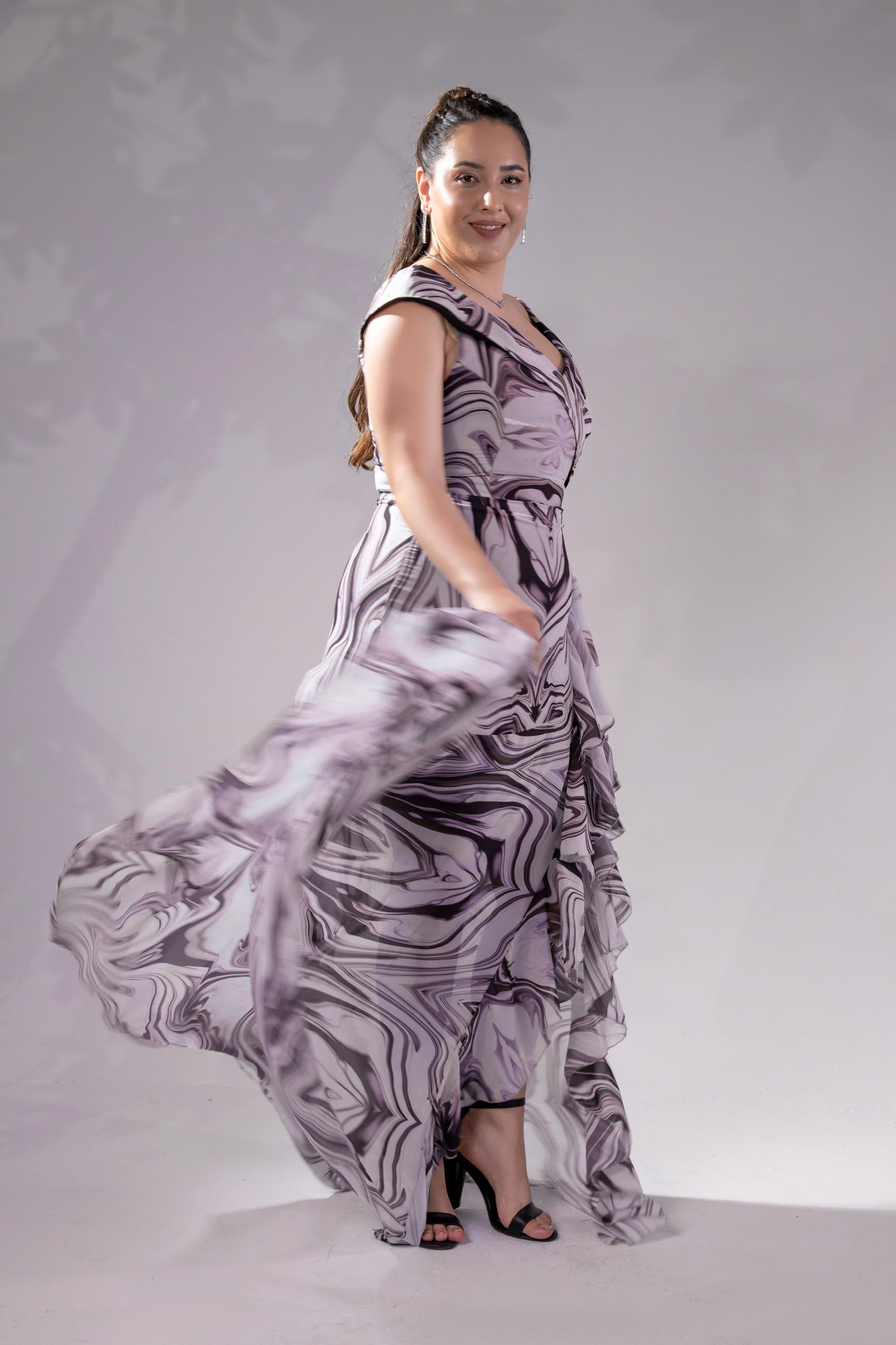 Büyük Beden 142015 Desenli Şifon Abiye Pembe