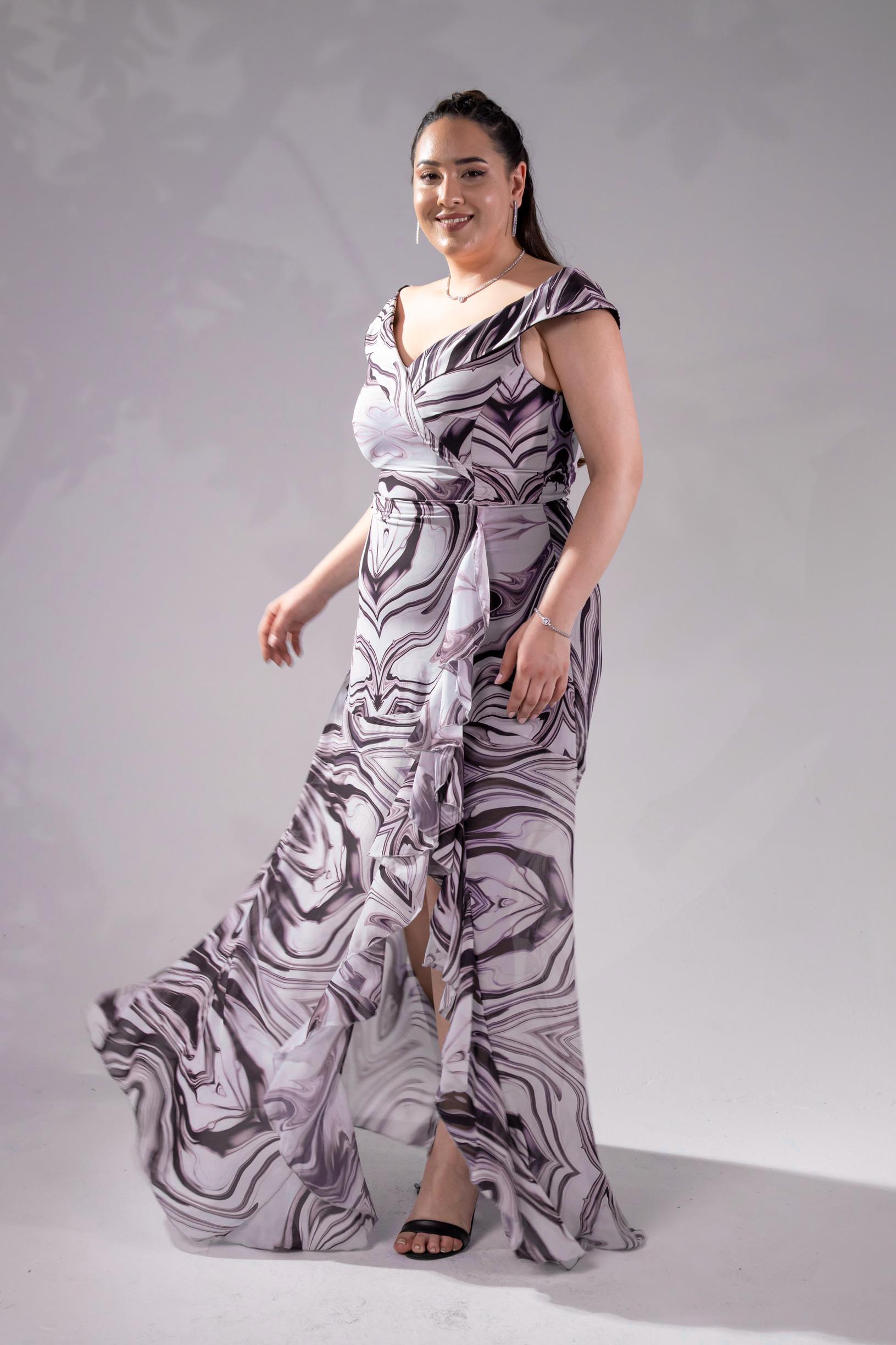 Büyük Beden 142015 Desenli Şifon Abiye Pembe