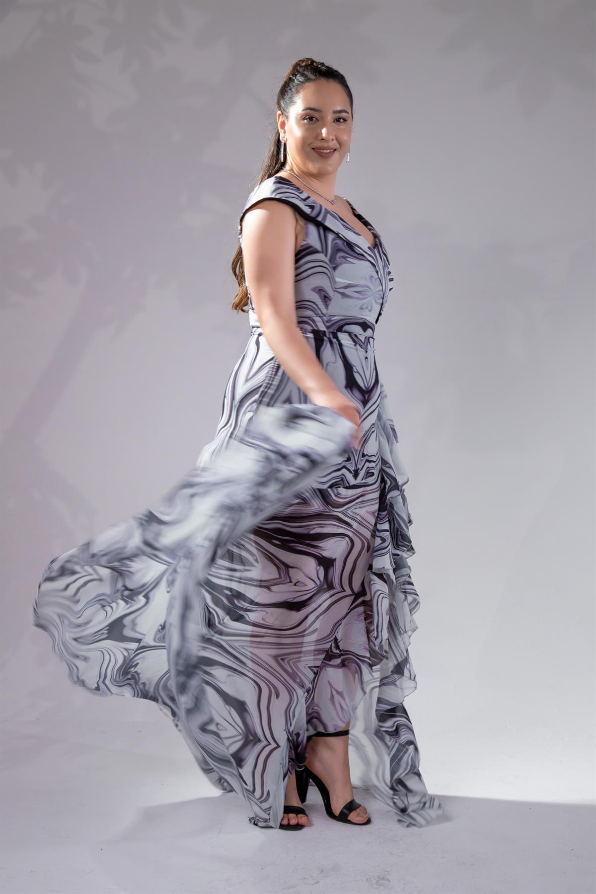 Büyük Beden 142015 Desenli Şifon Abiye Ekru