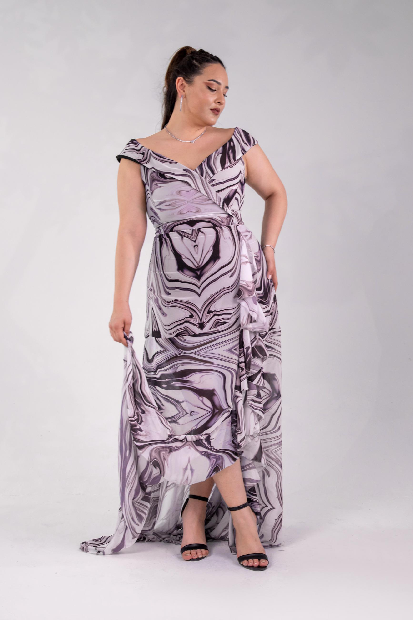 Büyük Beden 142015 Desenli Şifon Abiye Pembe