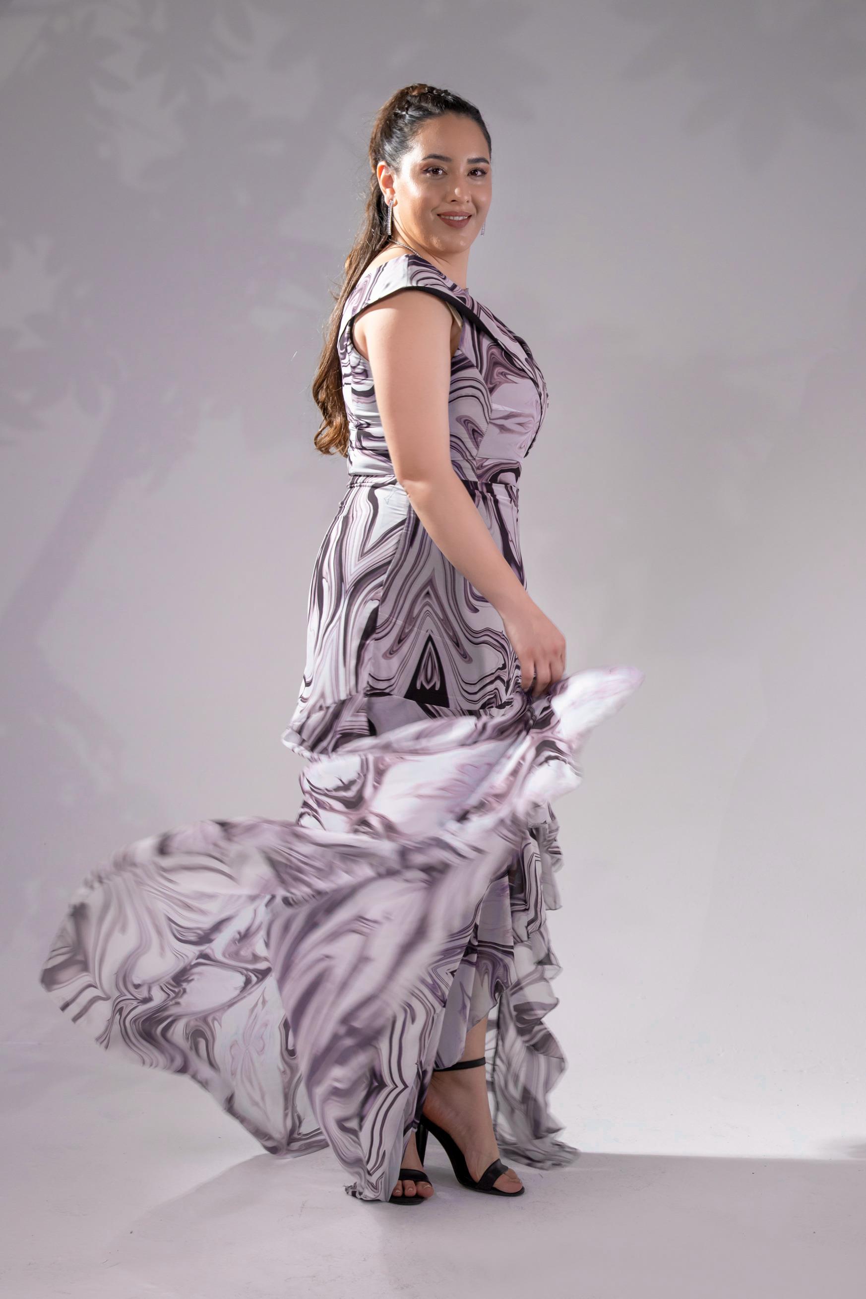 Büyük Beden 142015 Desenli Şifon Abiye Pembe