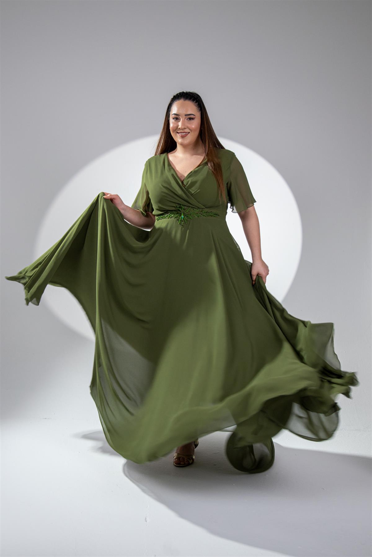 Büyük Beden 142018 Beli Aplik İşleme Abiye  Yeşil