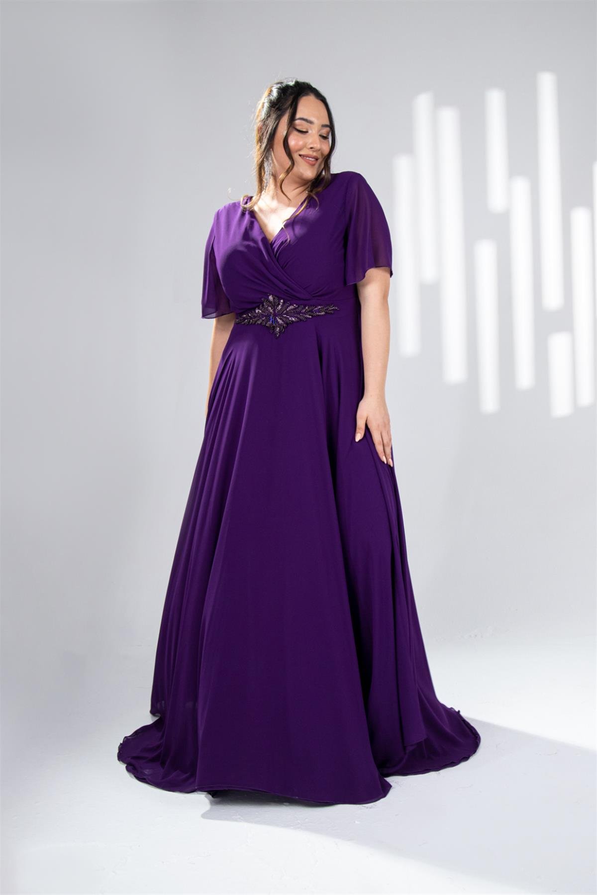 Büyük Beden 142018 Beli Aplik İşleme Abiye  Mürdüm