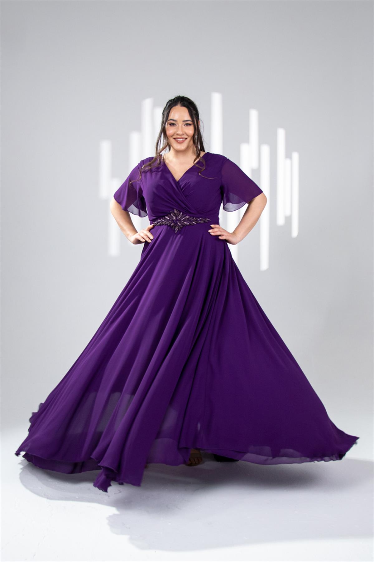 Büyük Beden 142018 Beli Aplik İşleme Abiye  Mürdüm