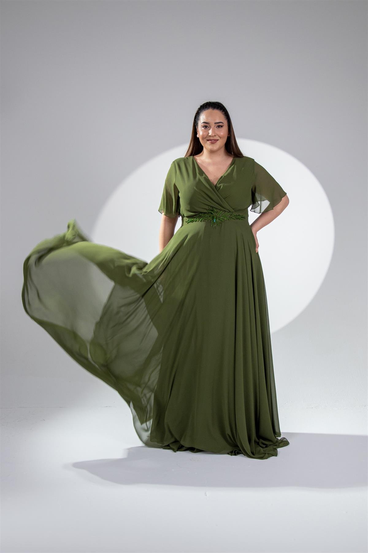 Büyük Beden 142018 Beli Aplik İşleme Abiye  Yeşil