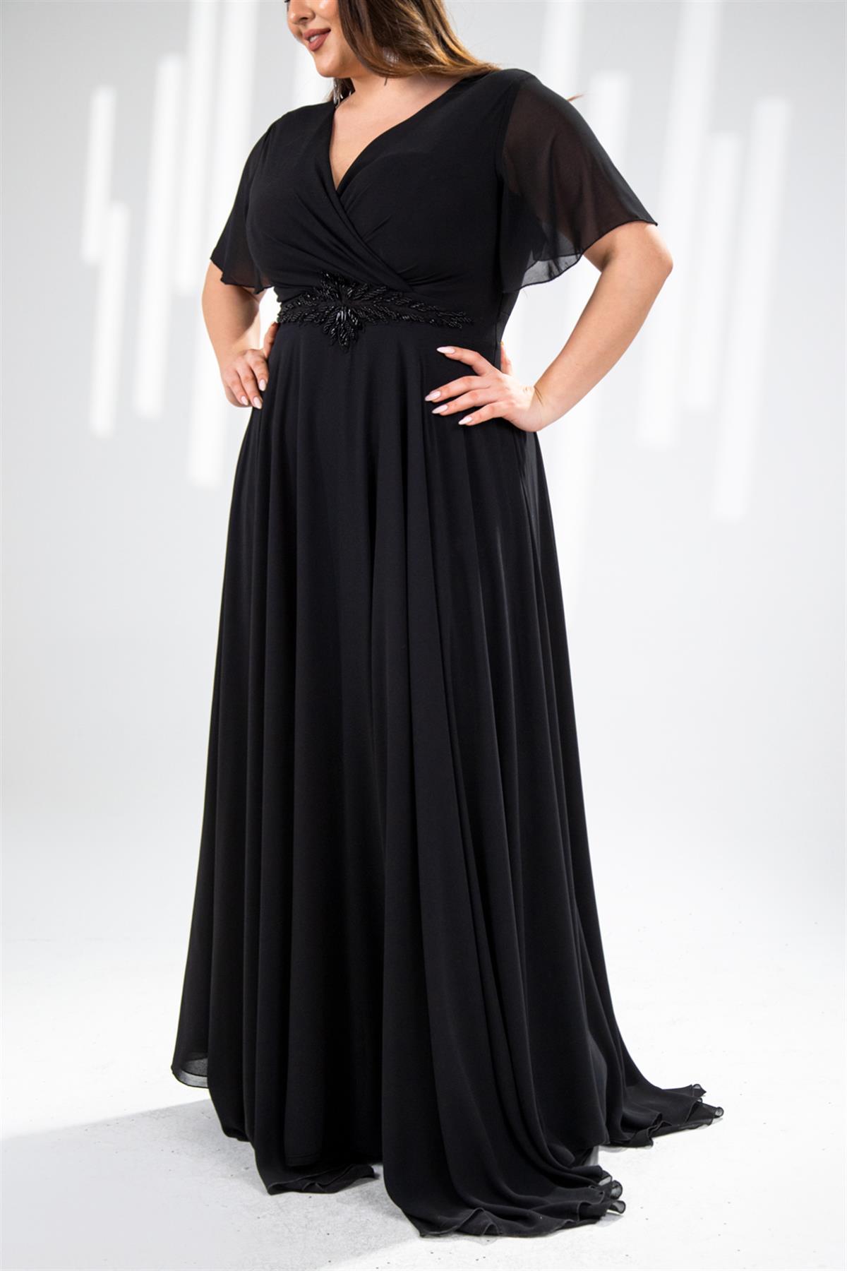 Büyük Beden 142018 Beli Aplik İşleme Abiye  Siyah