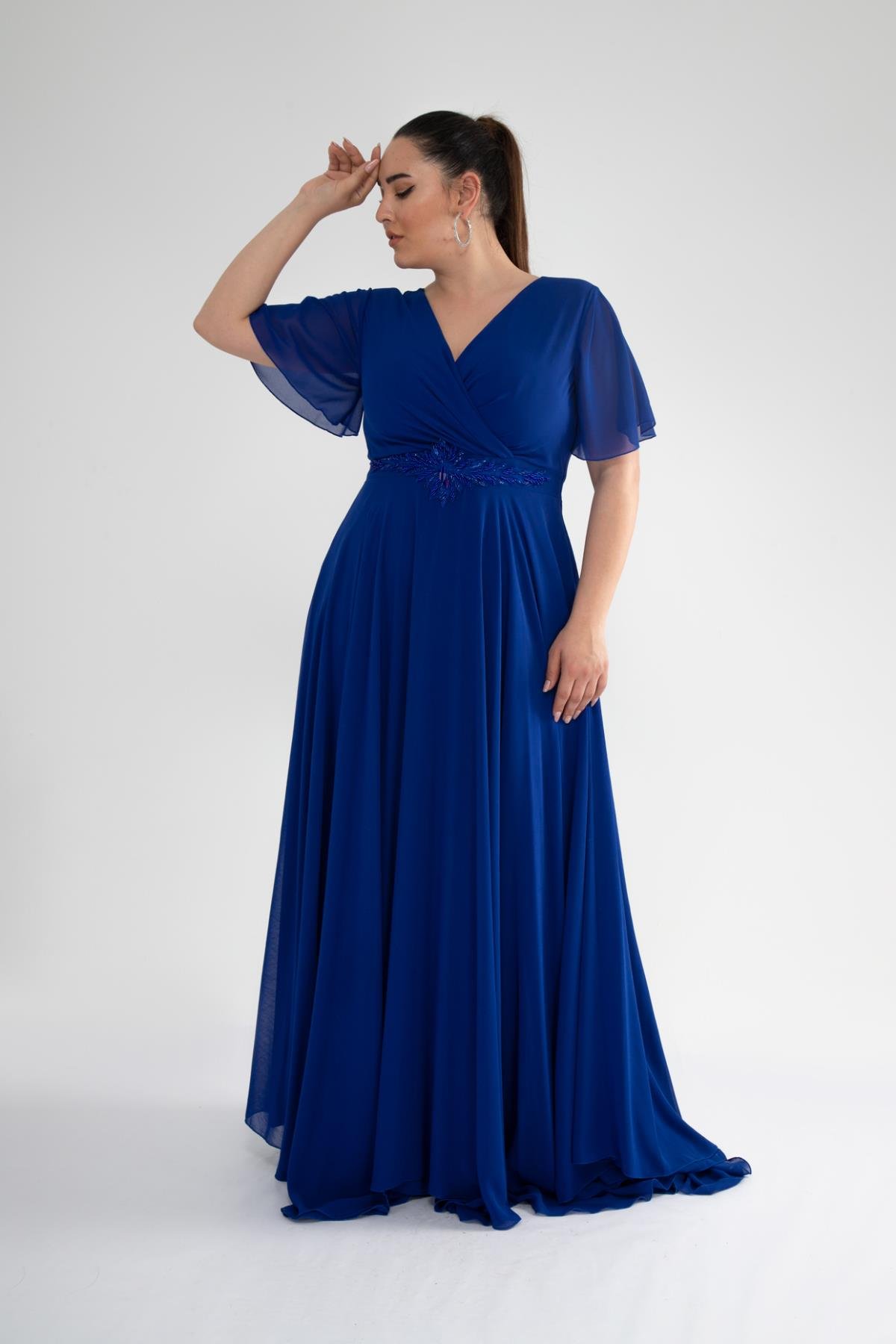 Büyük Beden 142018 Beli Aplik İşleme Abiye  Saks