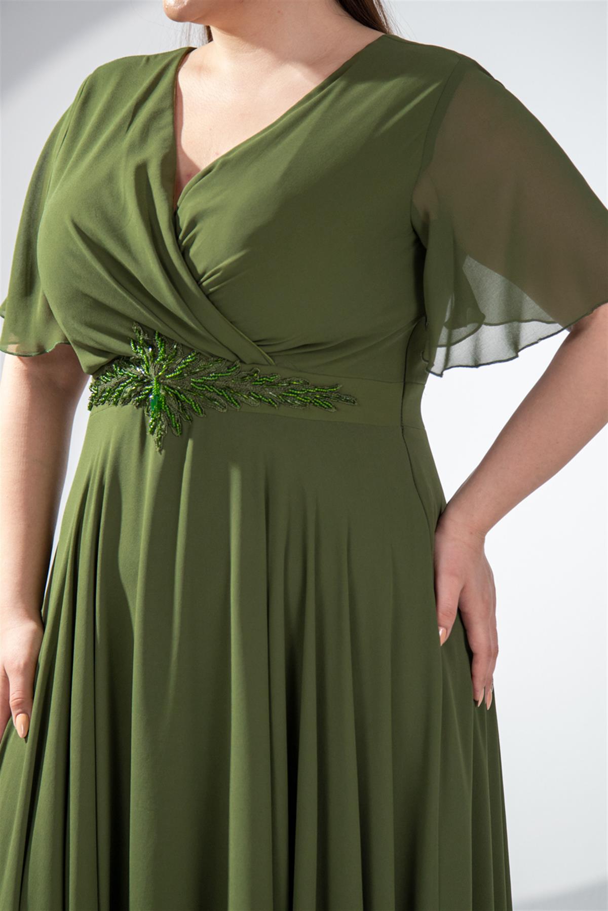 Büyük Beden 142018 Beli Aplik İşleme Abiye  Yeşil