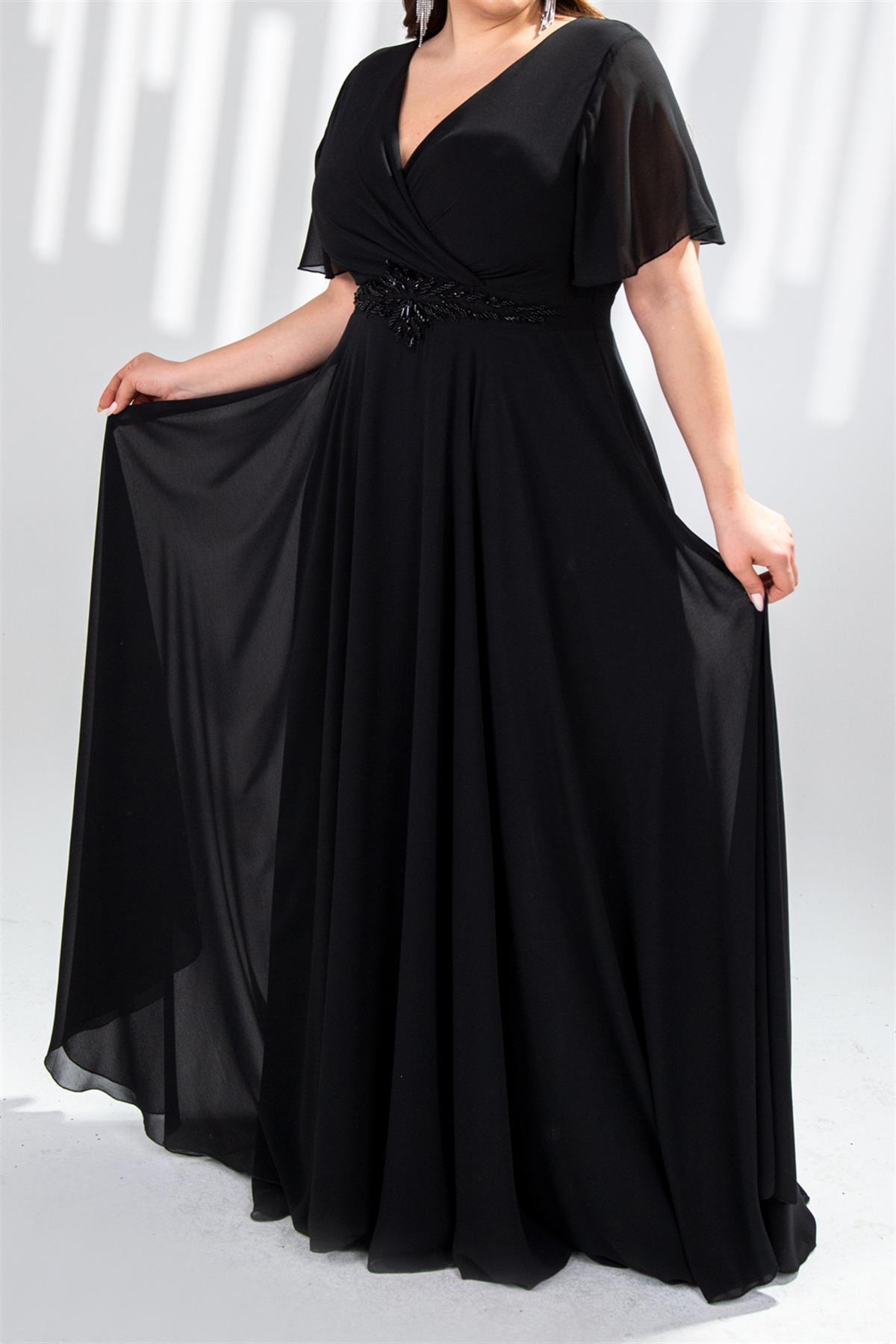 Büyük Beden 142018 Beli Aplik İşleme Abiye  Siyah