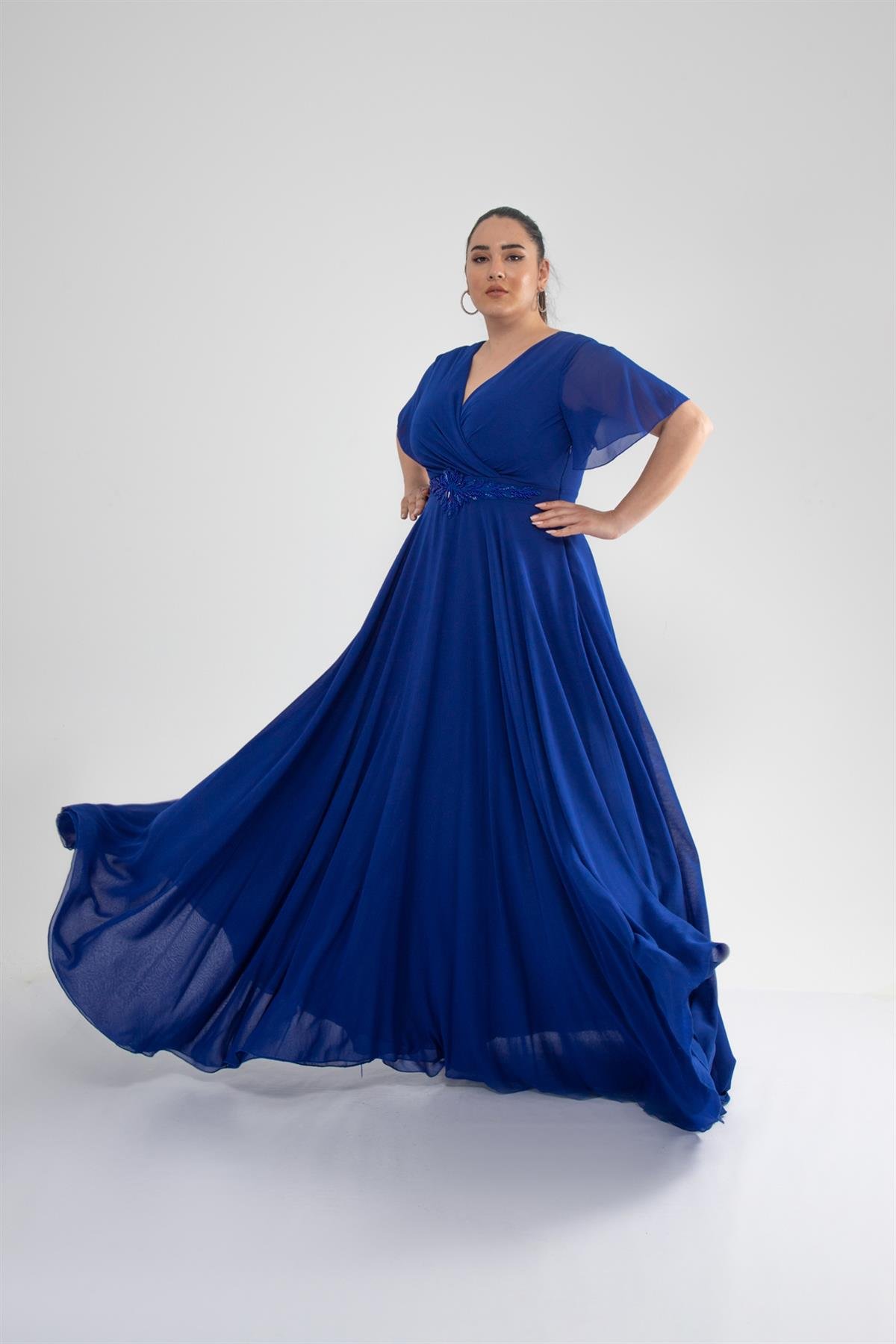 Büyük Beden 142018 Beli Aplik İşleme Abiye  Saks