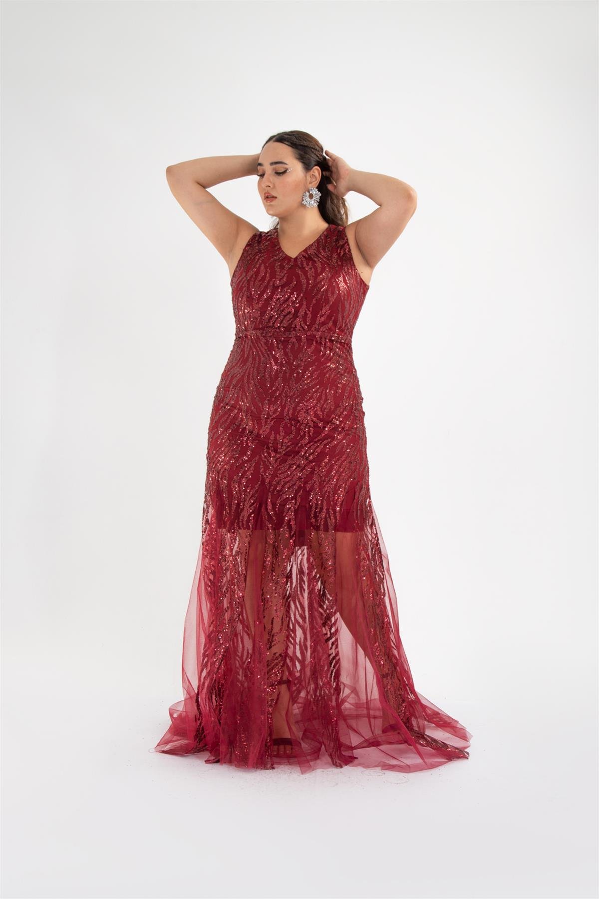 Büyük Beden 142024 Pul İşleme Uzun Abiye  Bordo