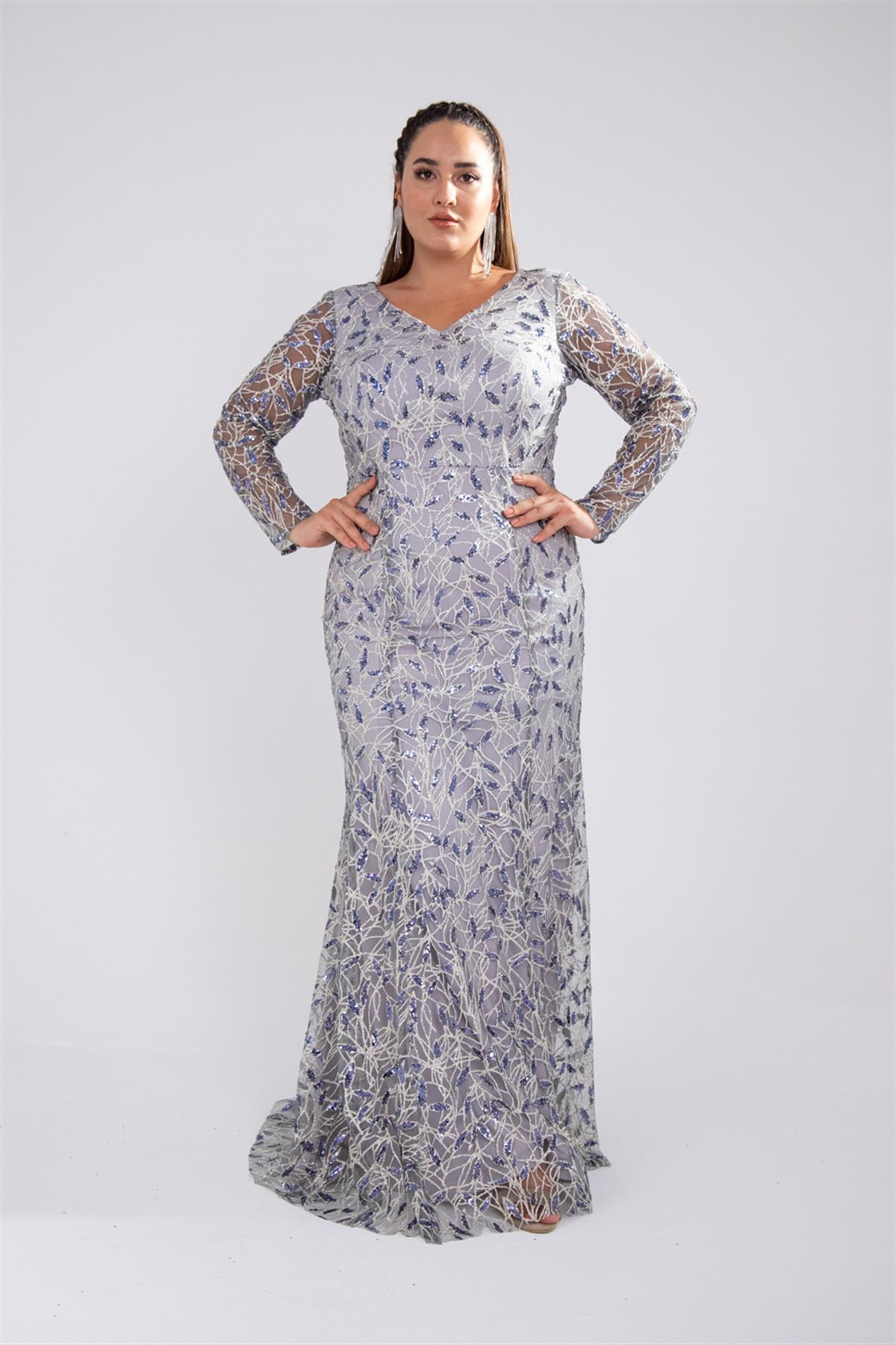 Büyük Beden 142025 V Yaka Abiye  Gri