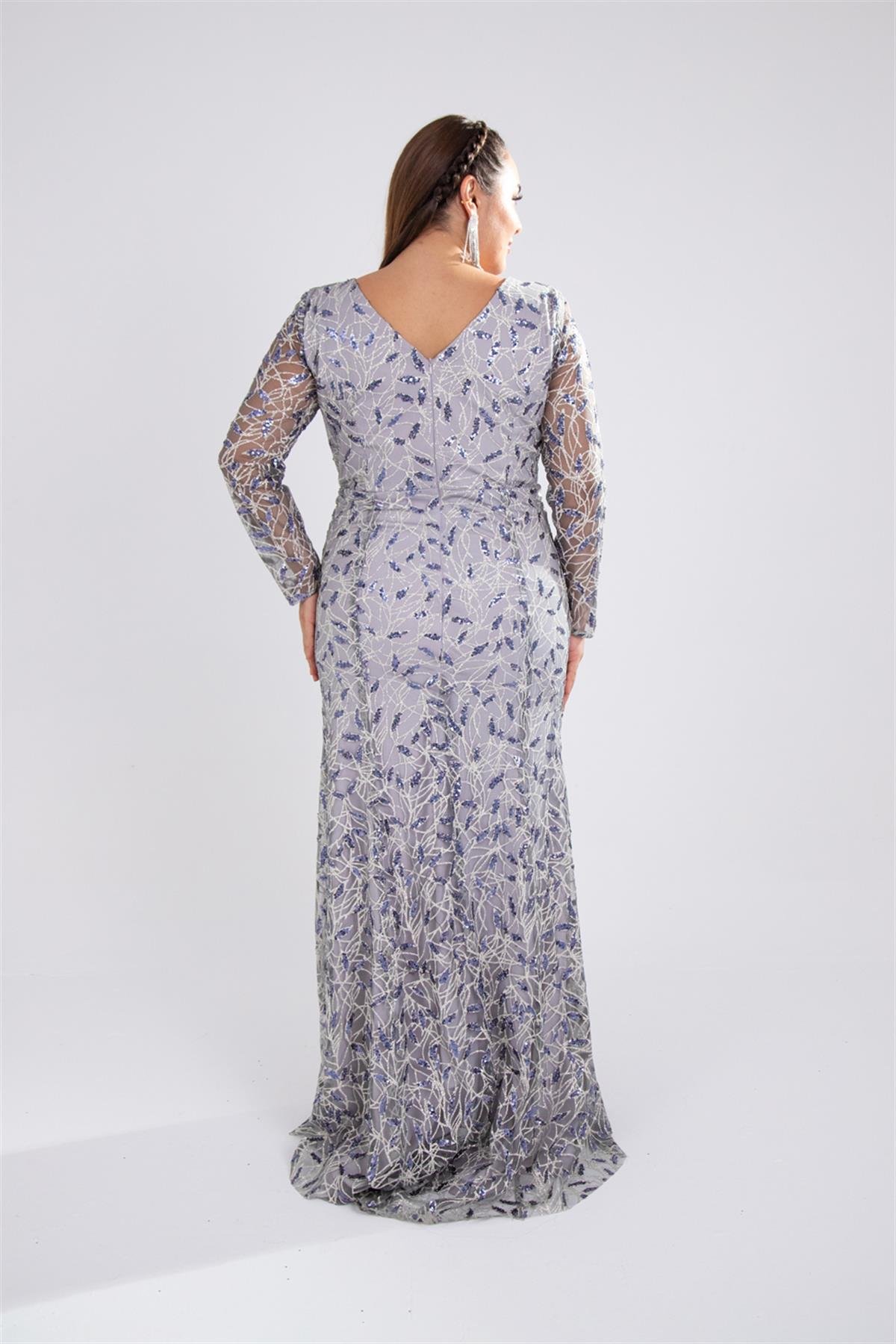 Büyük Beden 142025 V Yaka Abiye  Gri