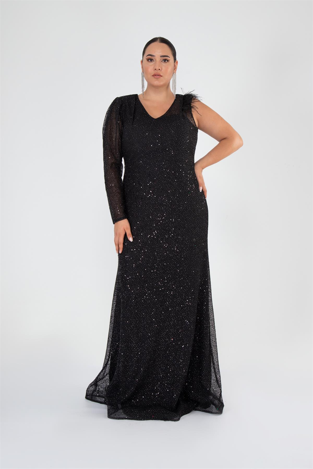 Büyük Beden 142032 Tek Omuz Açık Abiye  Siyah