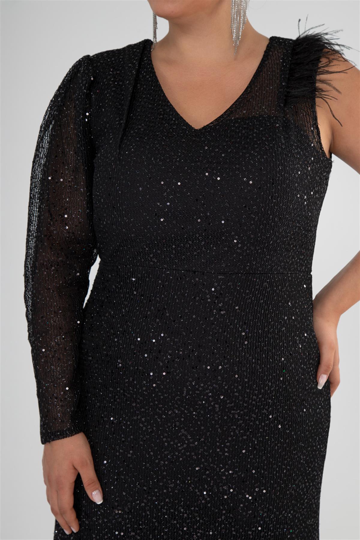 Büyük Beden 142032 Tek Omuz Açık Abiye  Siyah