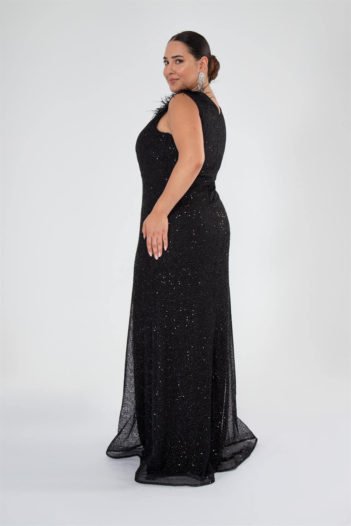 Büyük Beden 142032 Tek Omuz Açık Abiye  Siyah