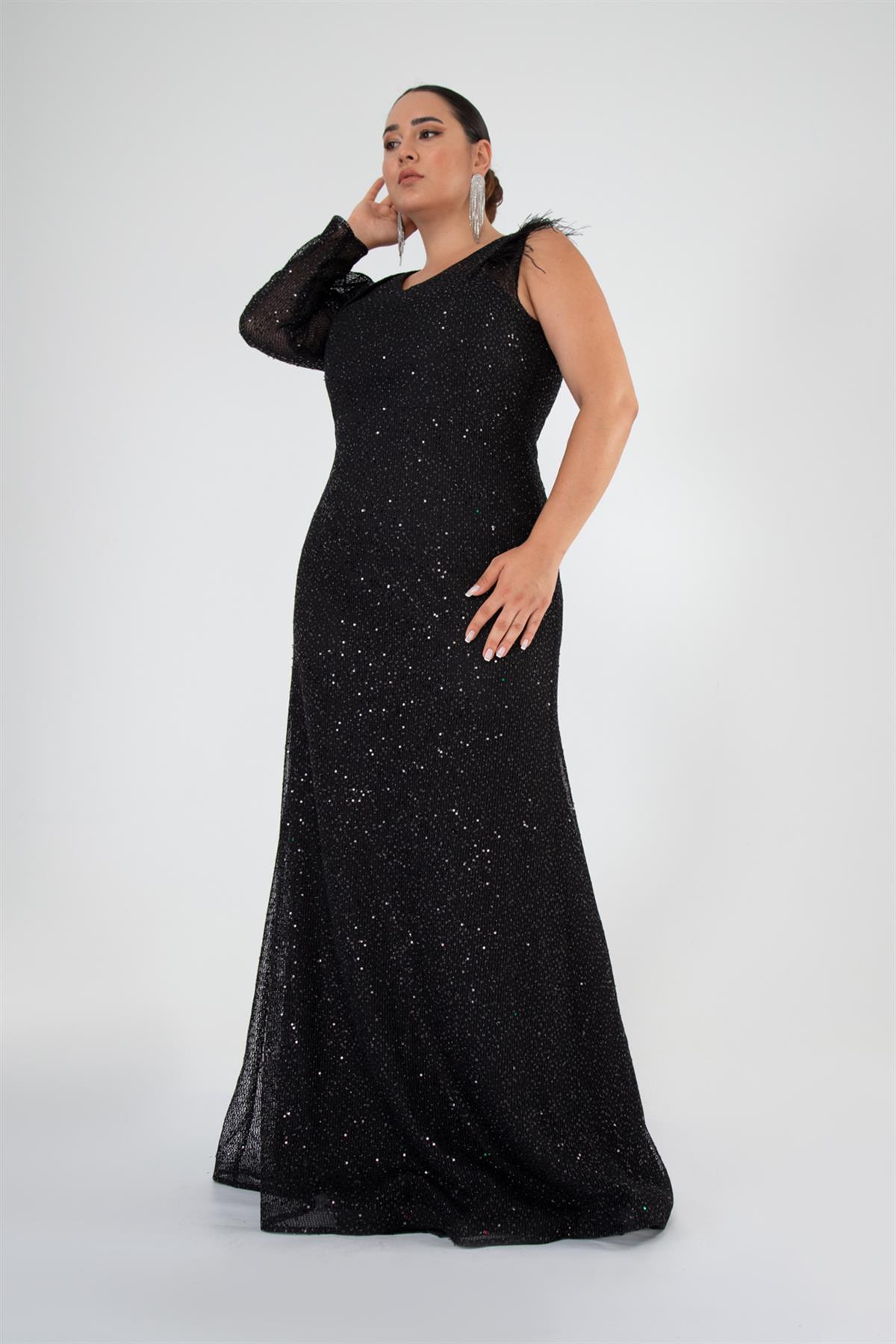 Büyük Beden 142032 Tek Omuz Açık Abiye  Siyah