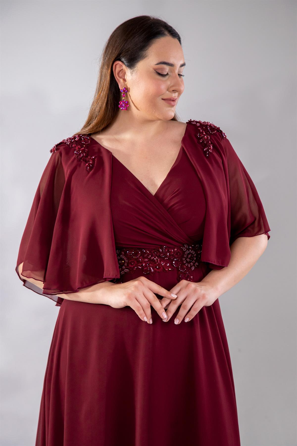 Büyük Beden 142035 Kruvaze Aplik İşlemeli Abiye  Bordo