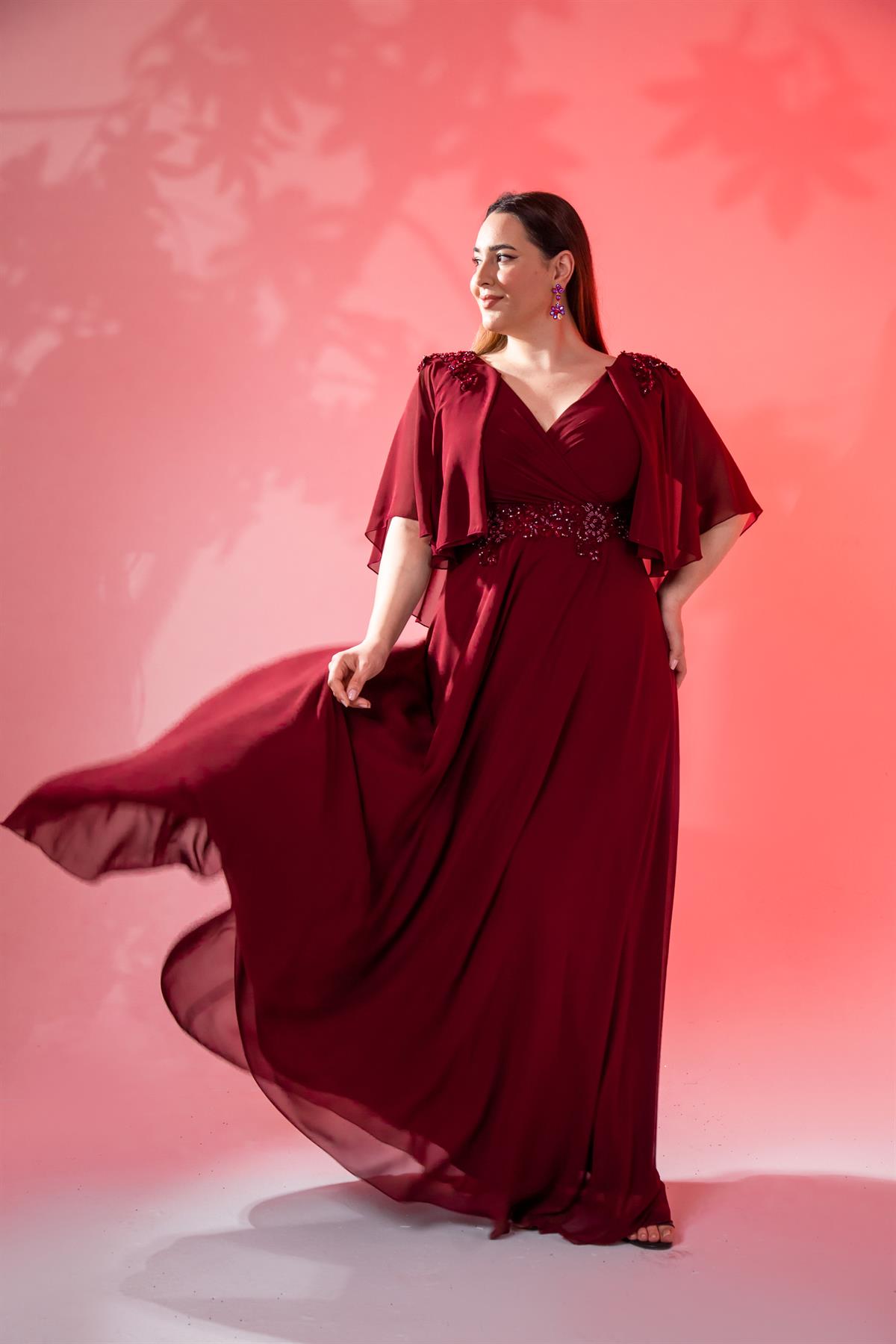 Büyük Beden 142035 Kruvaze Aplik İşlemeli Abiye  Bordo