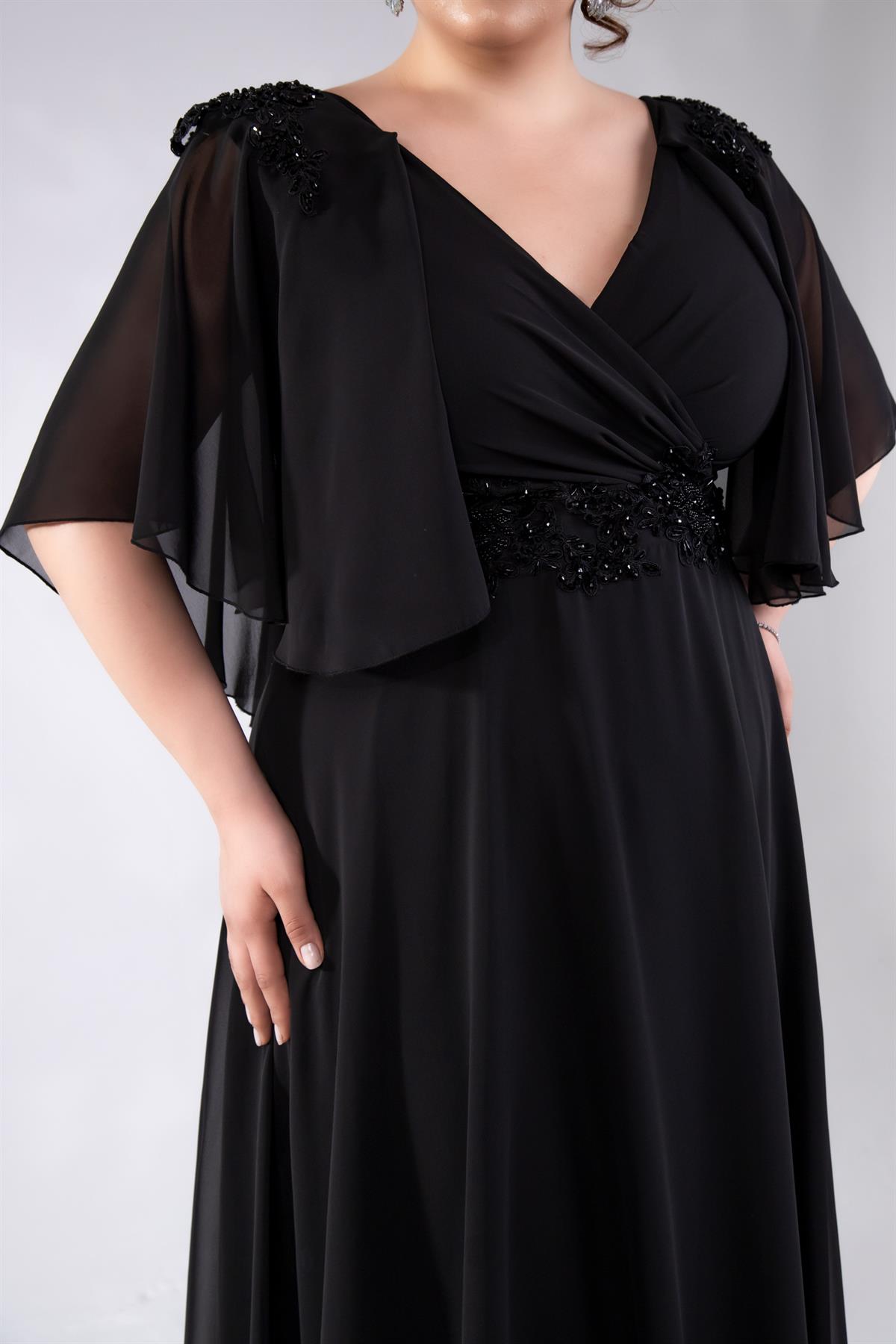 Büyük Beden 142035 Kruvaze Aplik İşlemeli Abiye  Siyah