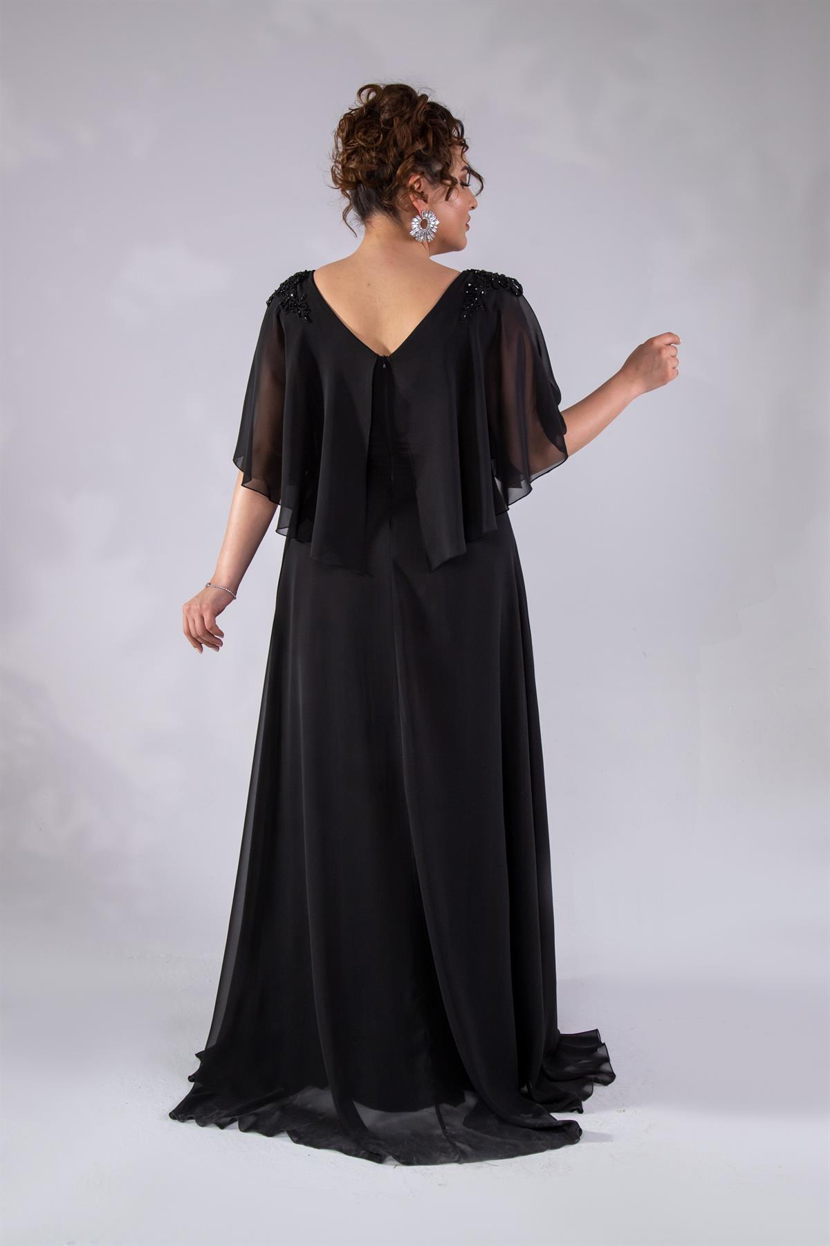 Büyük Beden 142035 Kruvaze Aplik İşlemeli Abiye  Siyah