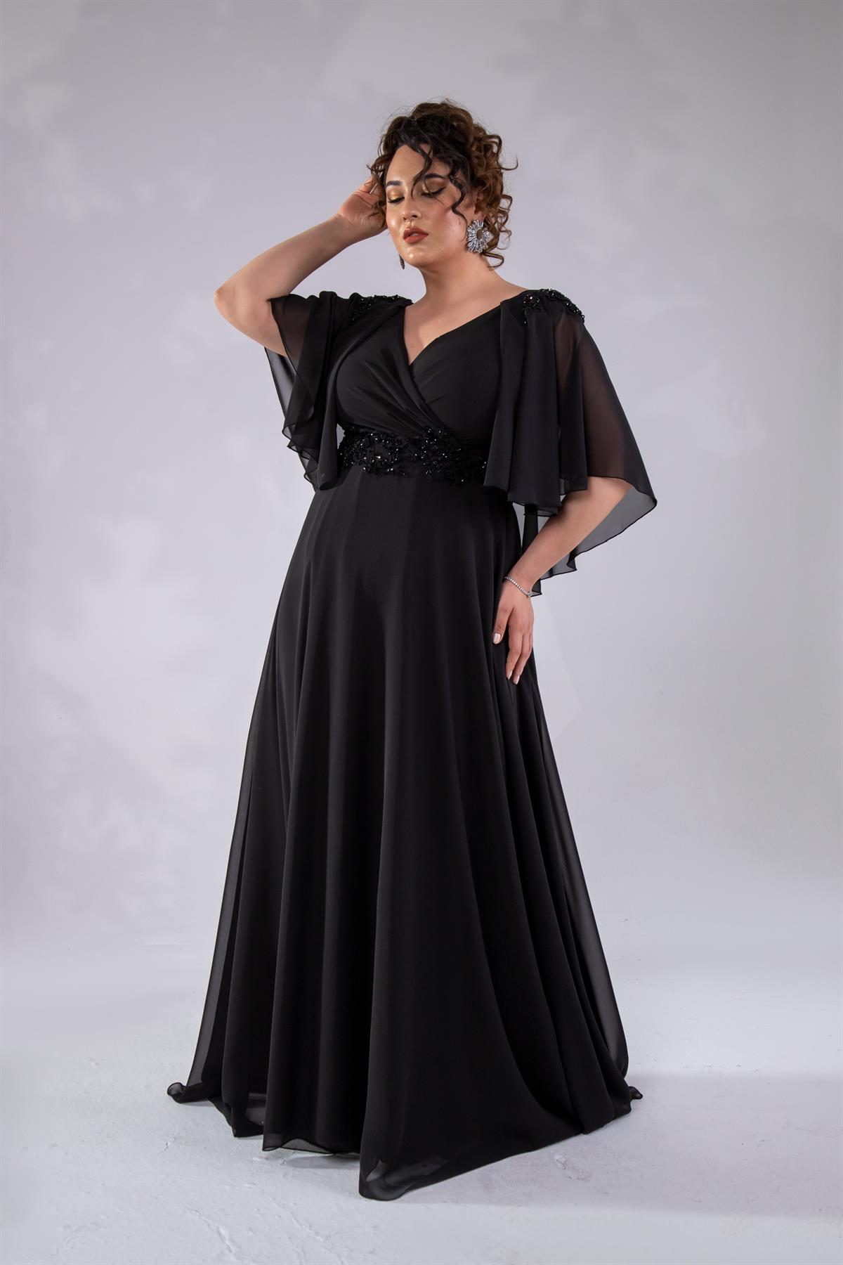 Büyük Beden 142035 Kruvaze Aplik İşlemeli Abiye  Siyah