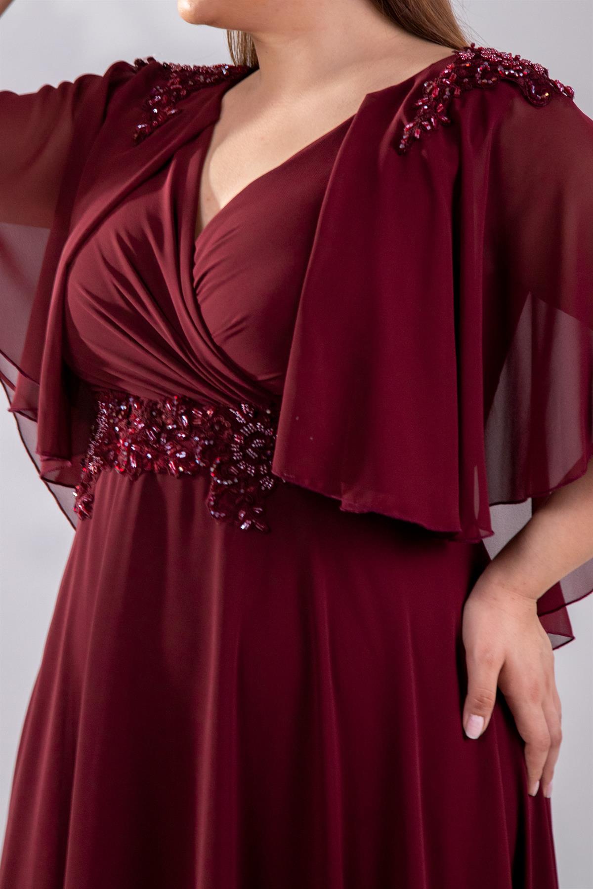 Büyük Beden 142035 Kruvaze Aplik İşlemeli Abiye  Bordo