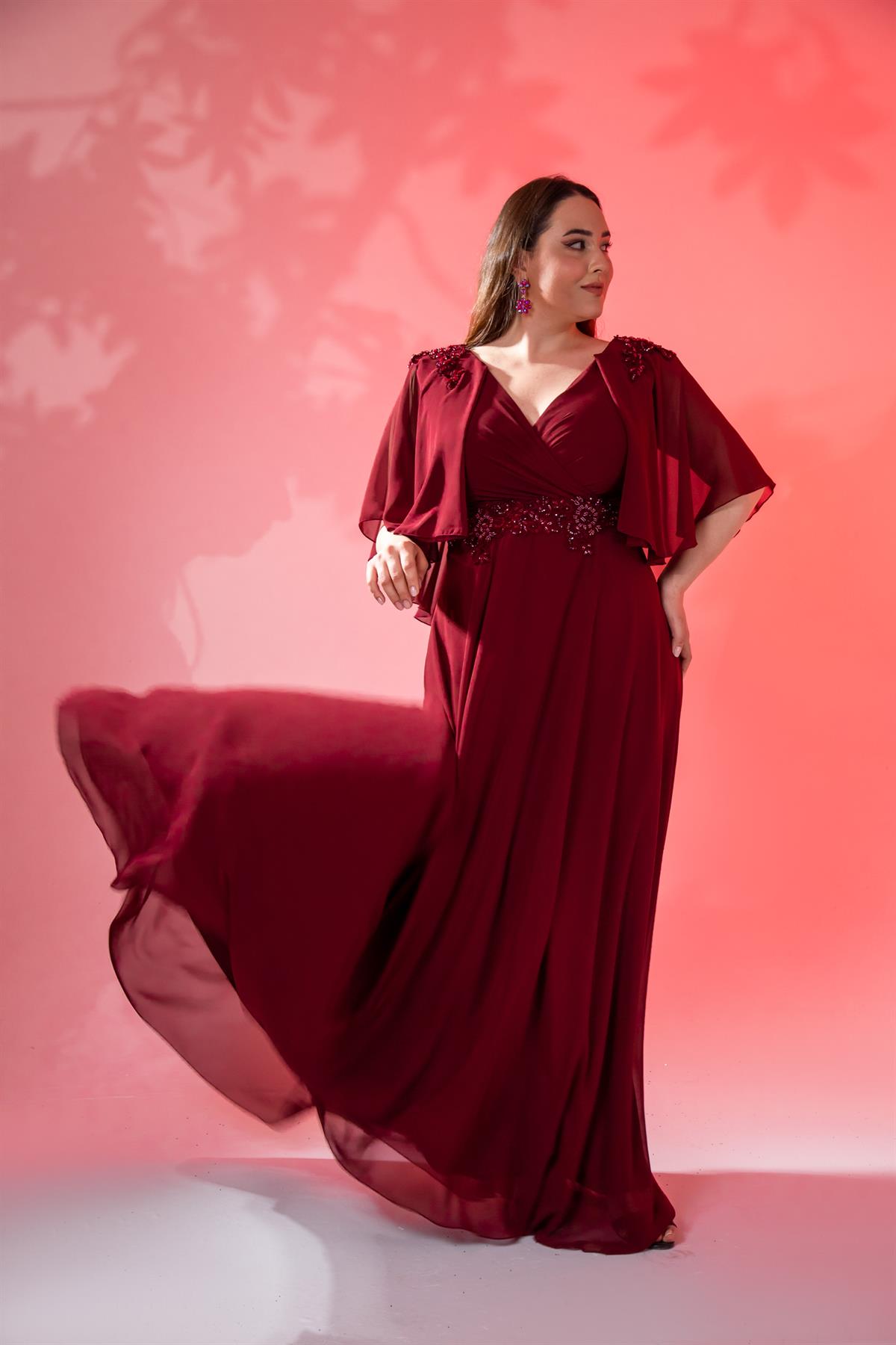 Büyük Beden 142035 Kruvaze Aplik İşlemeli Abiye  Bordo