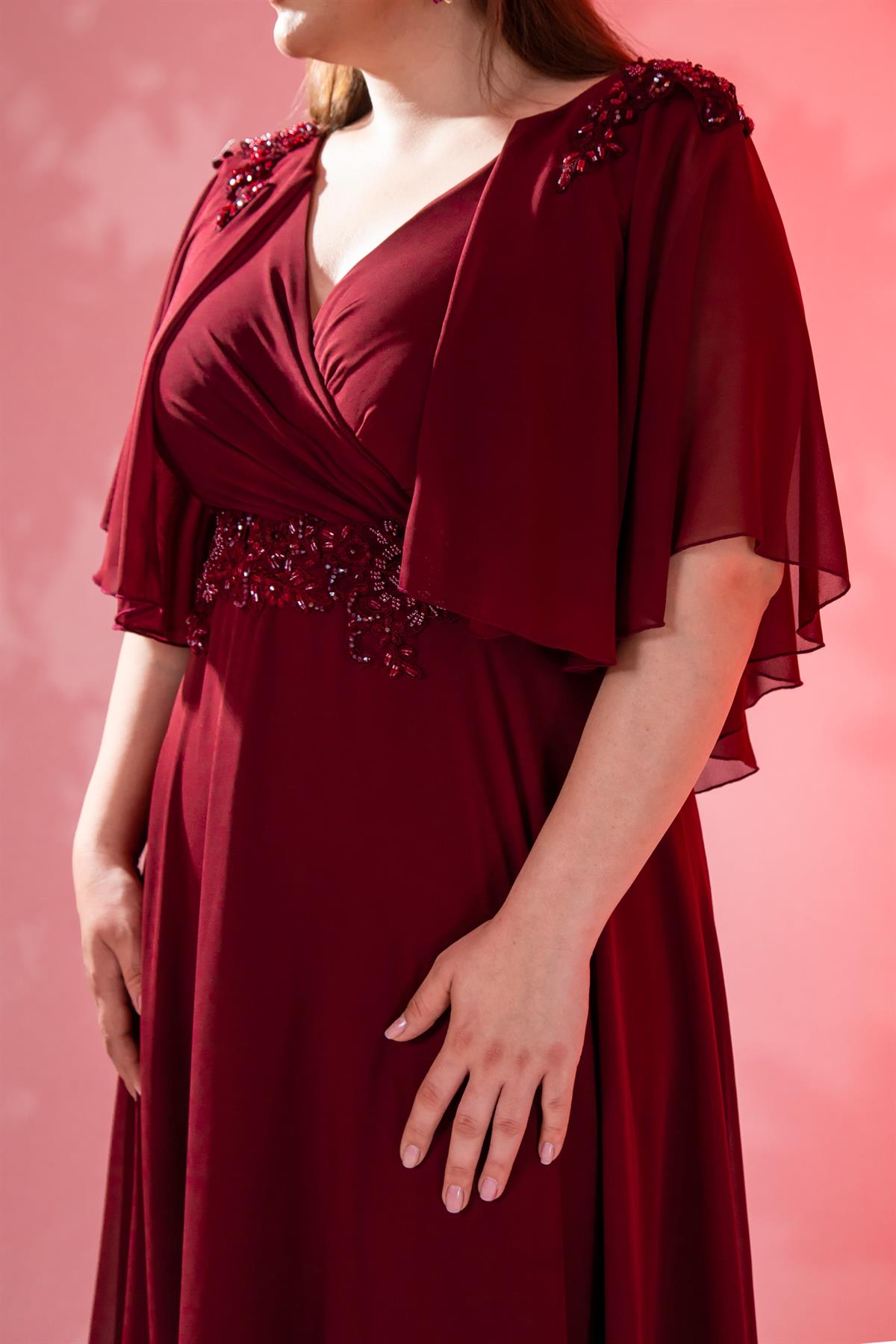 Büyük Beden 142035 Kruvaze Aplik İşlemeli Abiye  Bordo