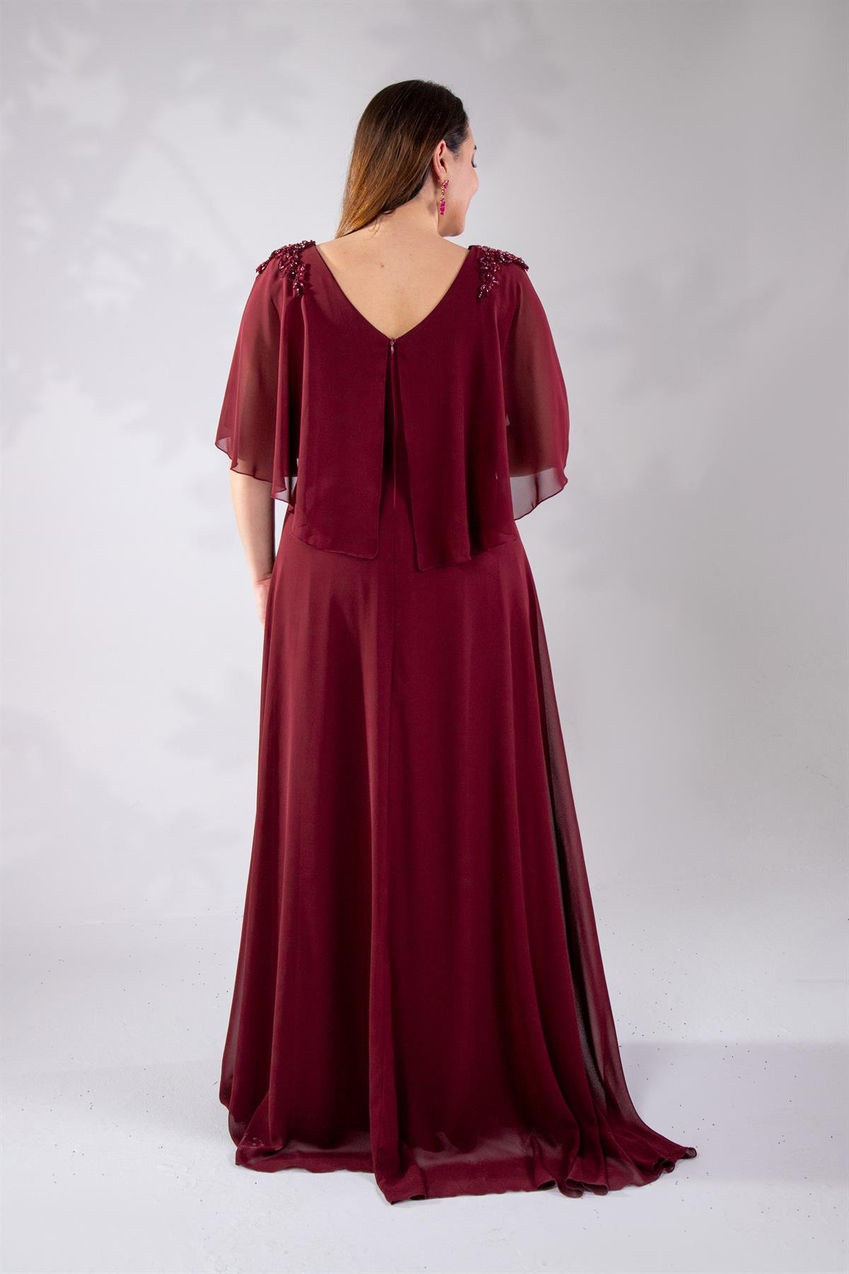 Büyük Beden 142035 Kruvaze Aplik İşlemeli Abiye  Bordo