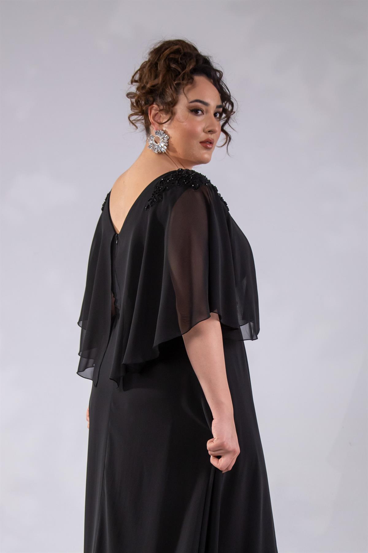 Büyük Beden 142035 Kruvaze Aplik İşlemeli Abiye  Siyah