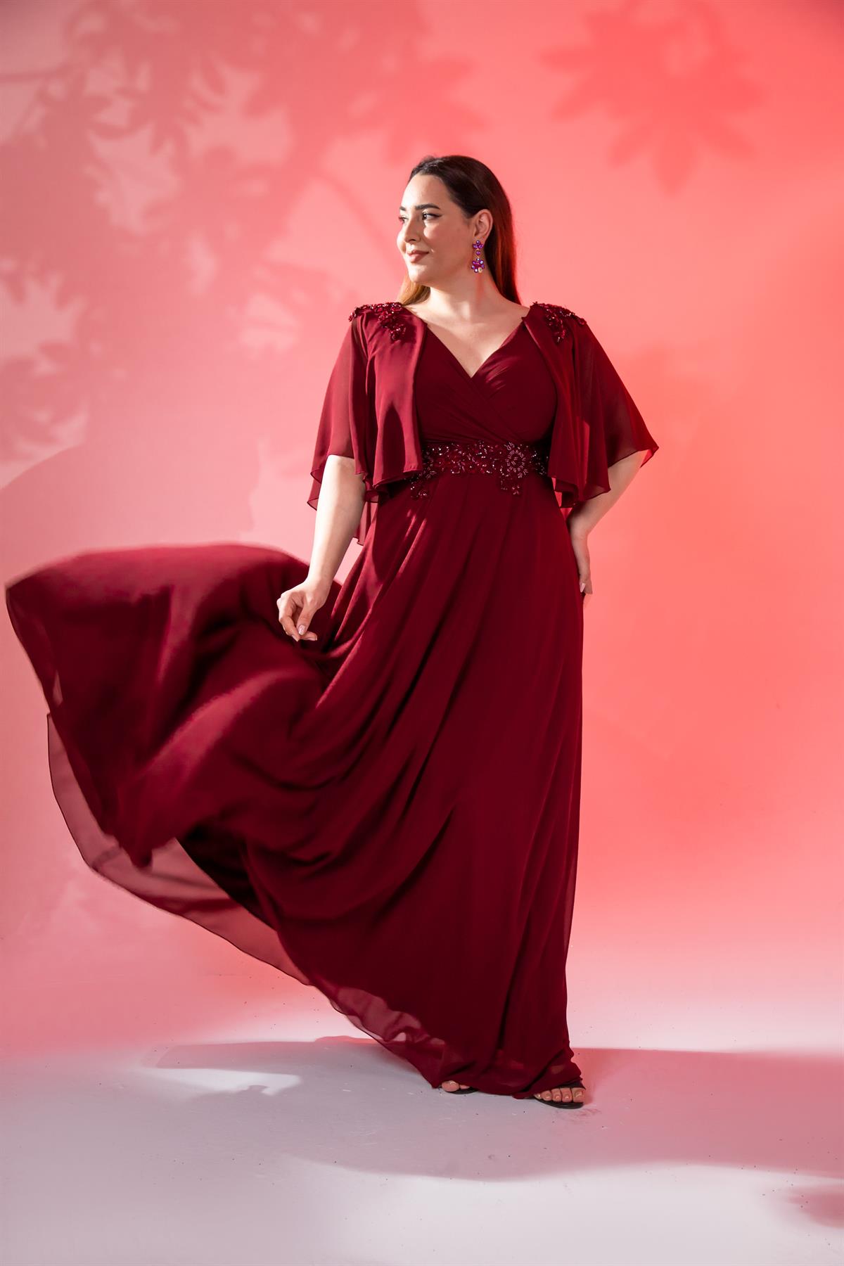 Büyük Beden 142035 Kruvaze Aplik İşlemeli Abiye  Bordo