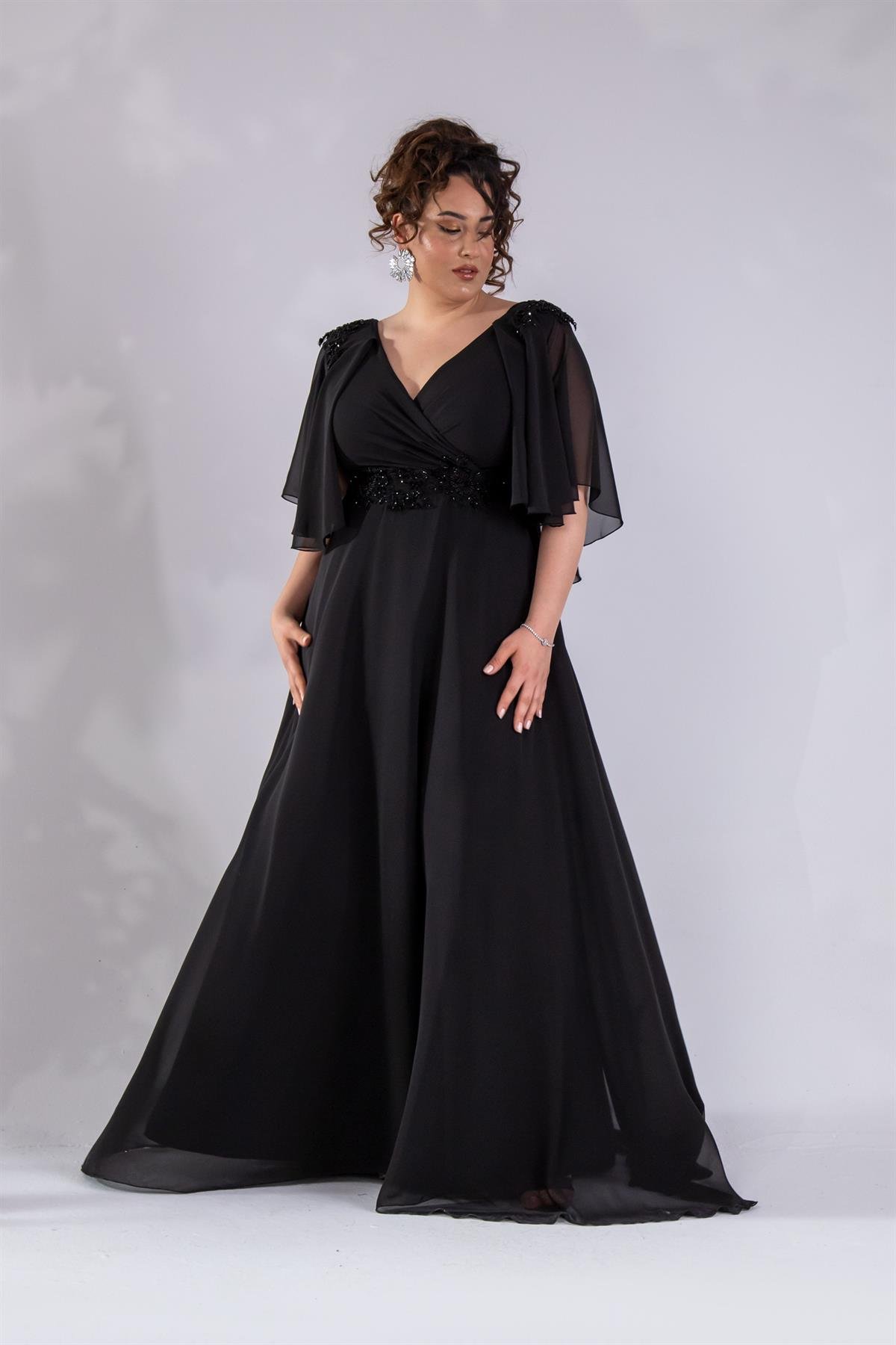 Büyük Beden 142035 Kruvaze Aplik İşlemeli Abiye  Siyah