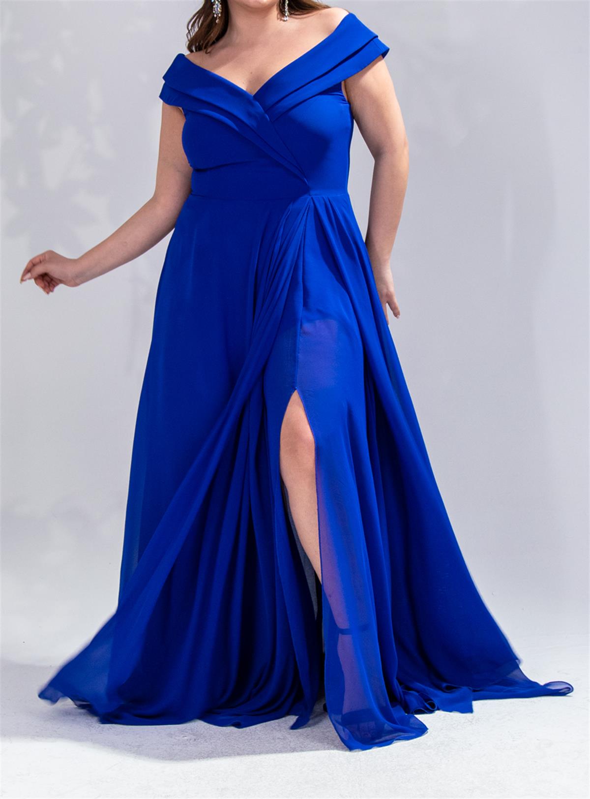 Büyük Beden 142038 Kruvaze Yaka Uzun Abiye  Saks