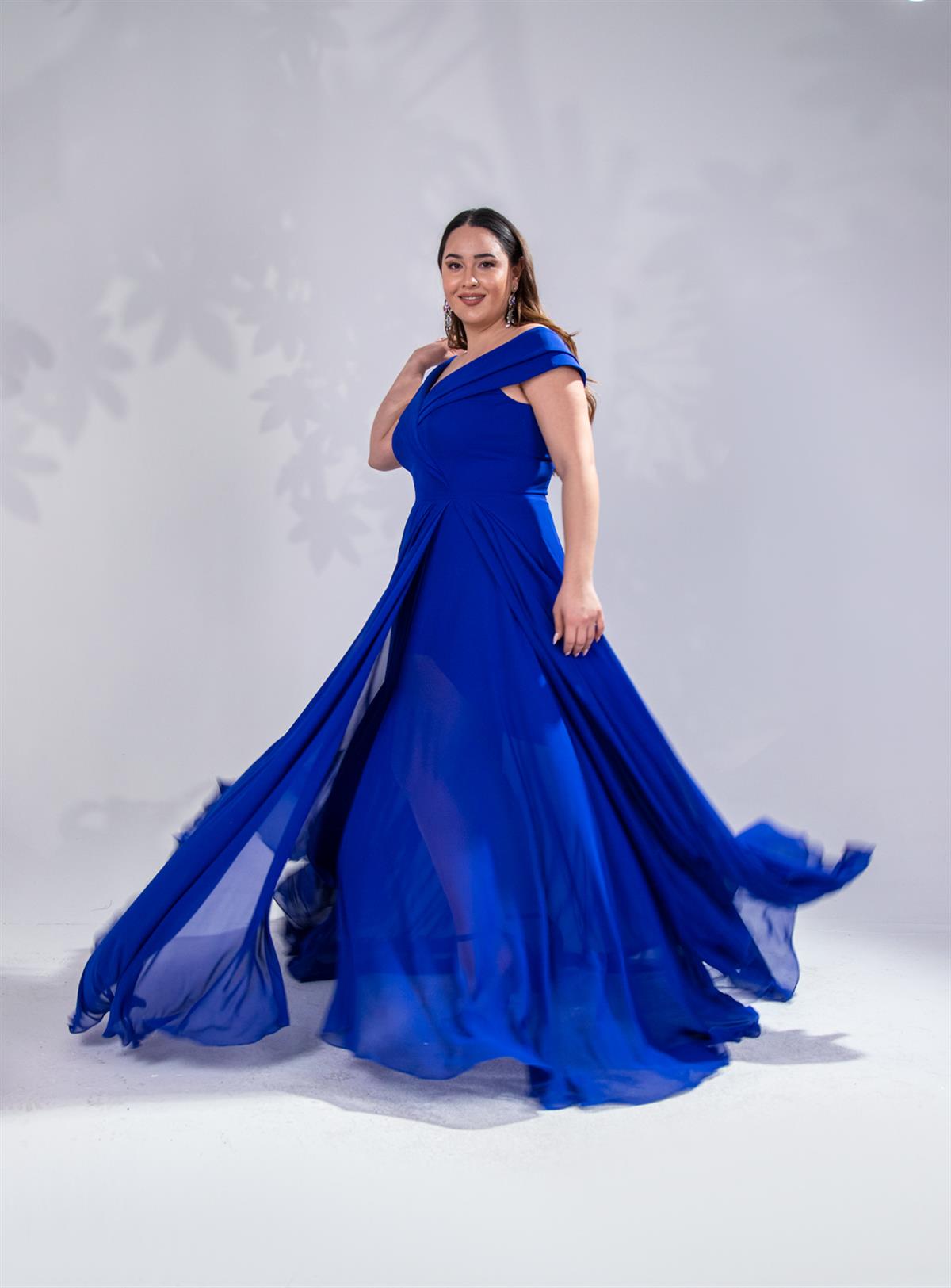 Büyük Beden 142038 Kruvaze Yaka Uzun Abiye  Saks