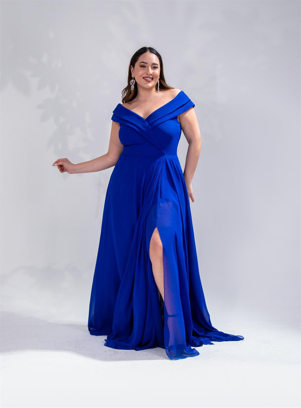 Büyük Beden 142038 Kruvaze Yaka Uzun Abiye  Saks