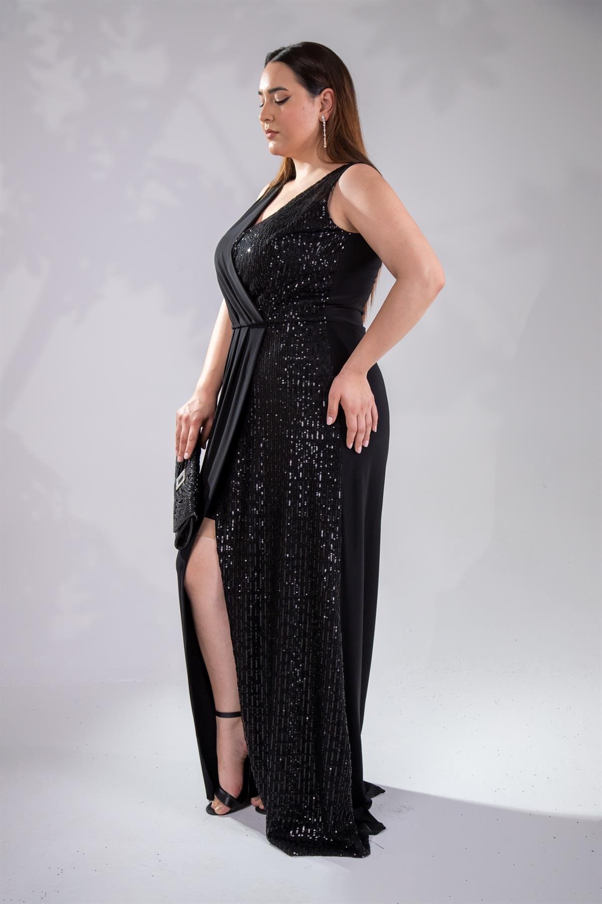 Büyük Beden 142046 Kruvaze Pul Payetli Abiye  Siyah-Pulpayet