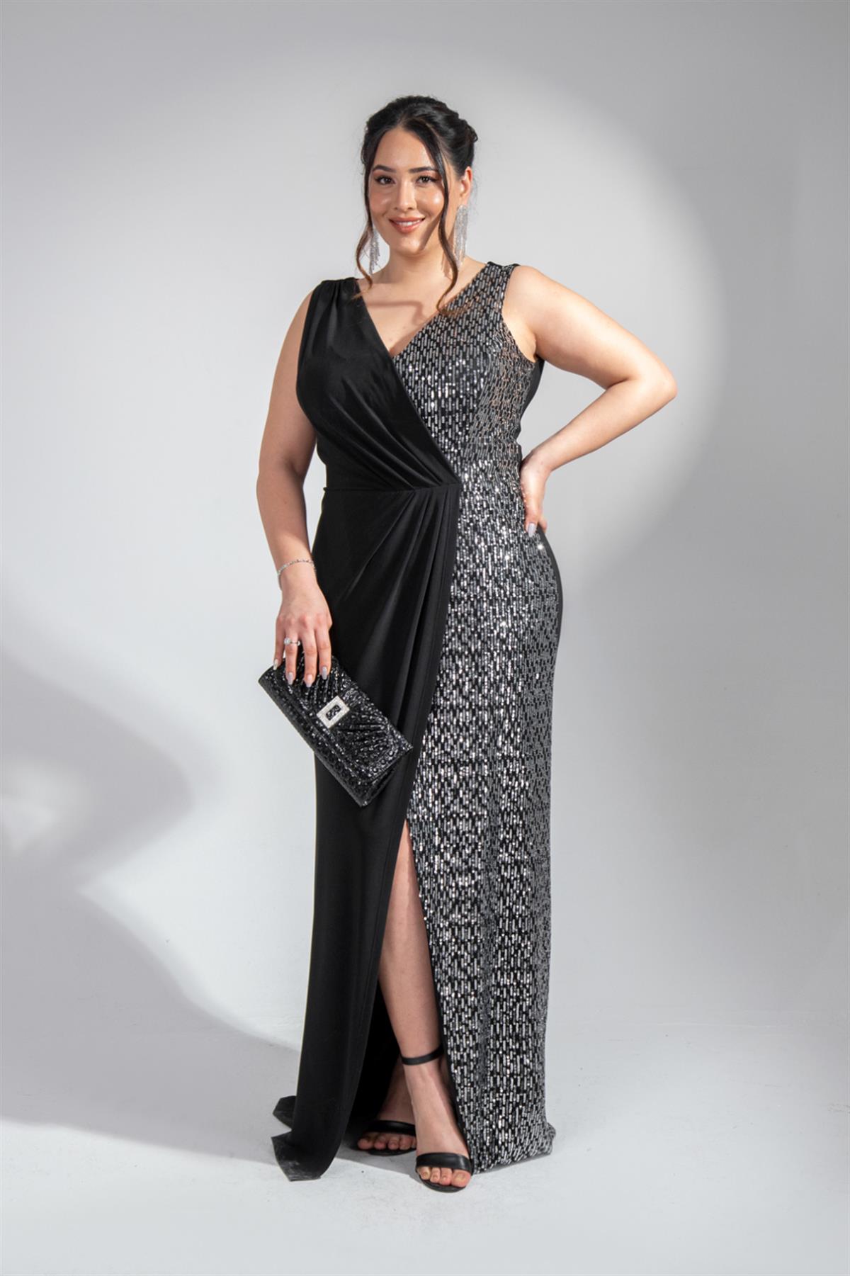 Büyük Beden 142046 Kruvaze Pul Payetli Abiye  Siyah