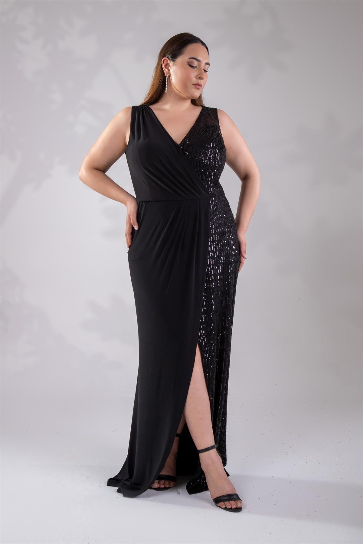 Büyük Beden 142046 Kruvaze Pul Payetli Abiye  Siyah-Pulpayet