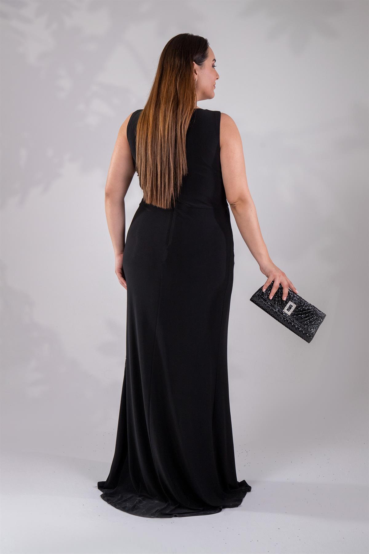 Büyük Beden 142046 Kruvaze Pul Payetli Abiye  Siyah-Pulpayet